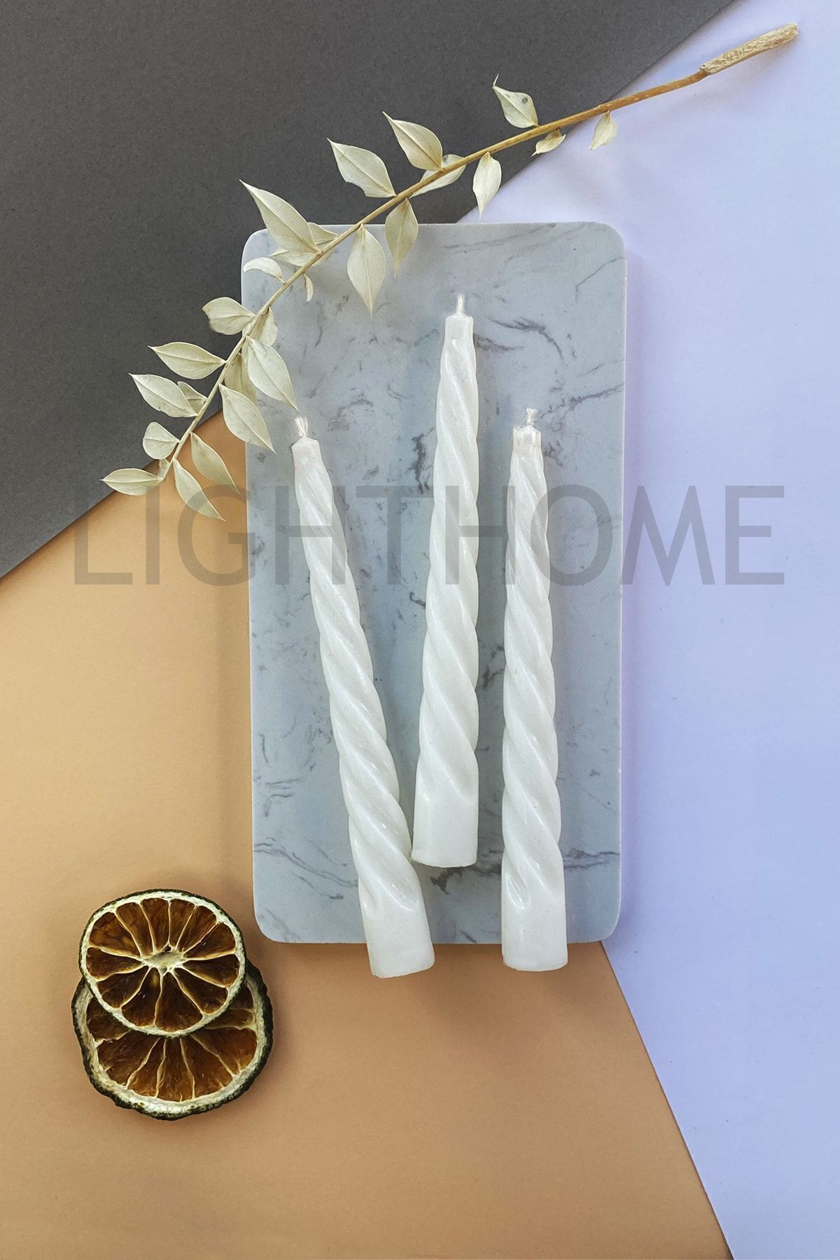 Lighthome Kivrimli Beyaz Şamdan Mumu - 3 Adet Pamuk Fitilli Uzun Burgulu Mu