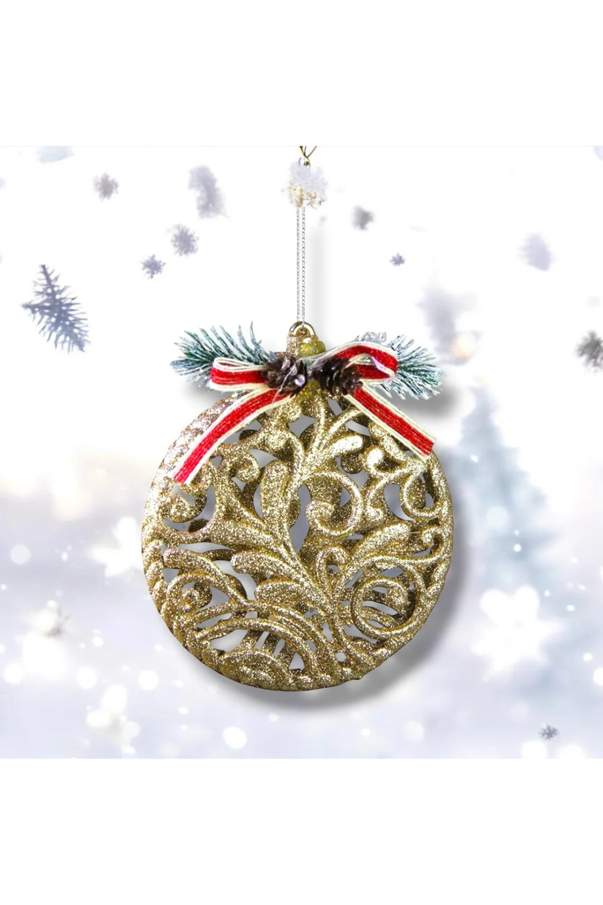 Kıvrımlı Desenli Yuvarlak Yılbaşı Süsü Şampanya 14 cm
