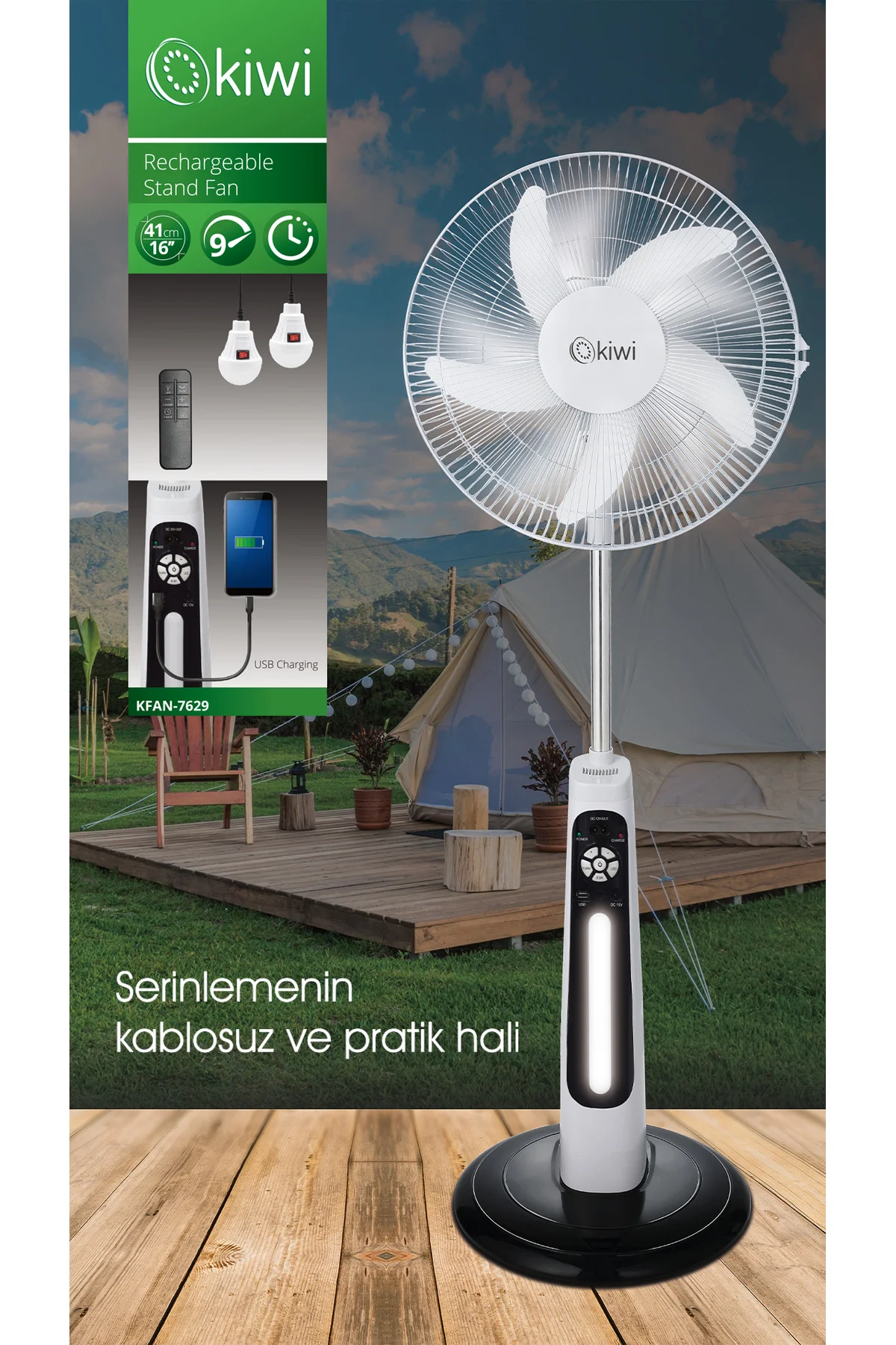 Kiwi Kfan-7629 Şarjlı, Uzaktan Kumandalı Gece Lambalı Stand Vantilatör Kiwi Kfan-7629 Şarjlı, Uzaktan Kumandalı Gece Lambalı Stand Vantilatör