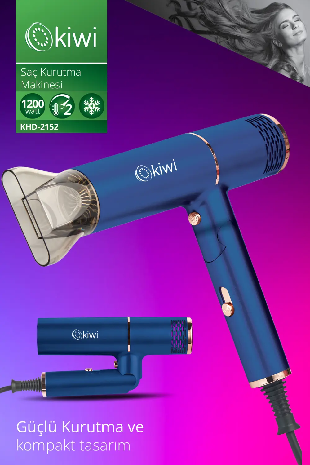 Kiwi KHD-2152 Katlanılabilir Saç Kurutma Makinesi Mavi