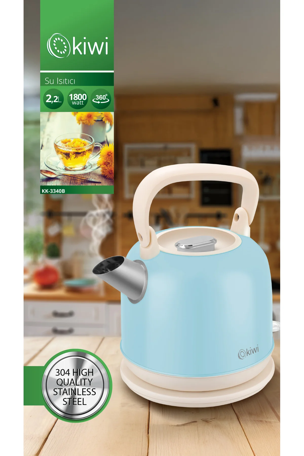Kiwi Kk-3340 Paslanmaz Çelik Retro Su Isıtıcı Kettle 2,2 Litre