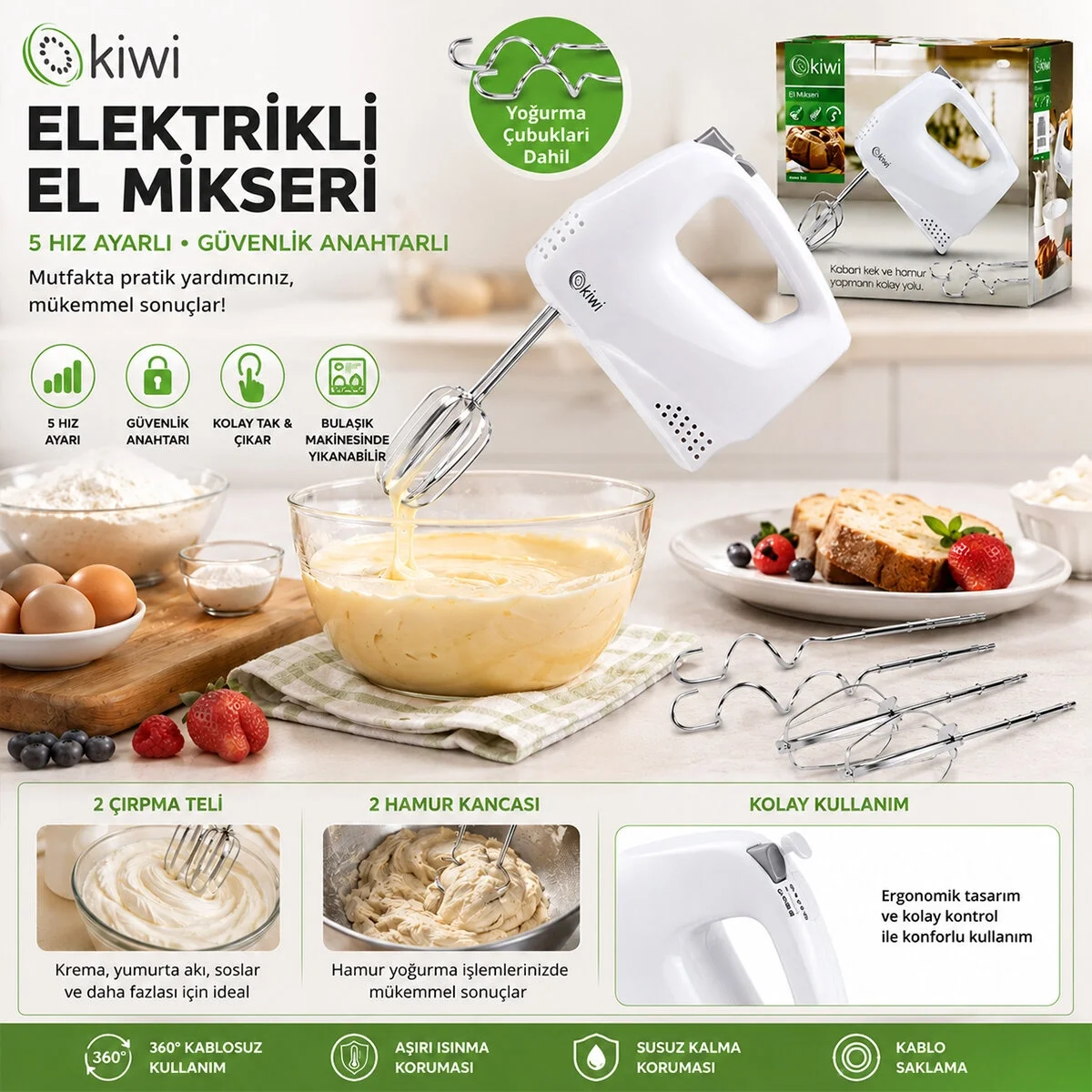 Kiwi Kmx-3608 Elektrikli El Mikseri 2pcs Metal Çırpma Aparatı - 2pcs Hamur Kancası 5 Kademe Hız Çırpıcı Çıkartma Düğmeli Bx40 Fiyatı, Yorumları ve Özellikleri