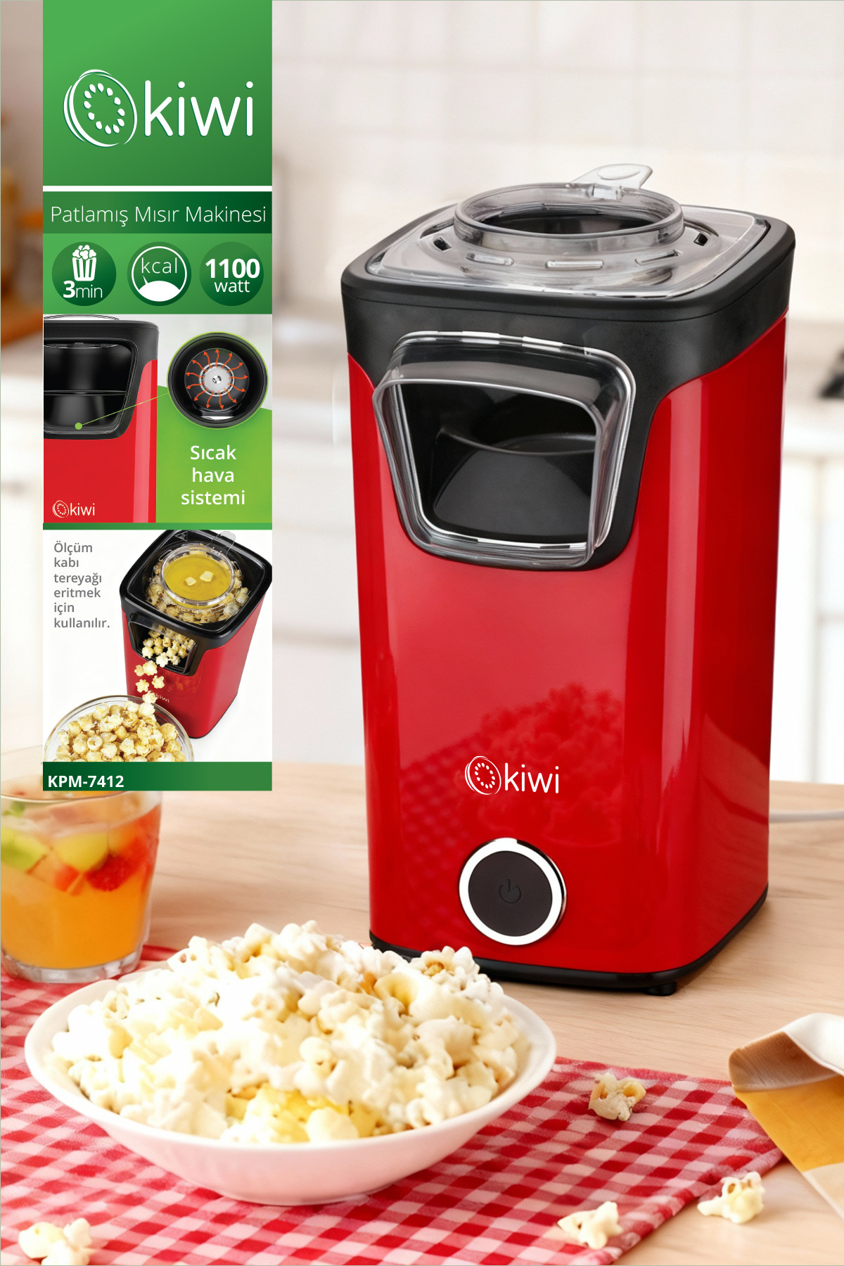 Kiwi KPM-7412 Patlamış Mısır Makinesi | Sıcak Hava Teknolojisi | 