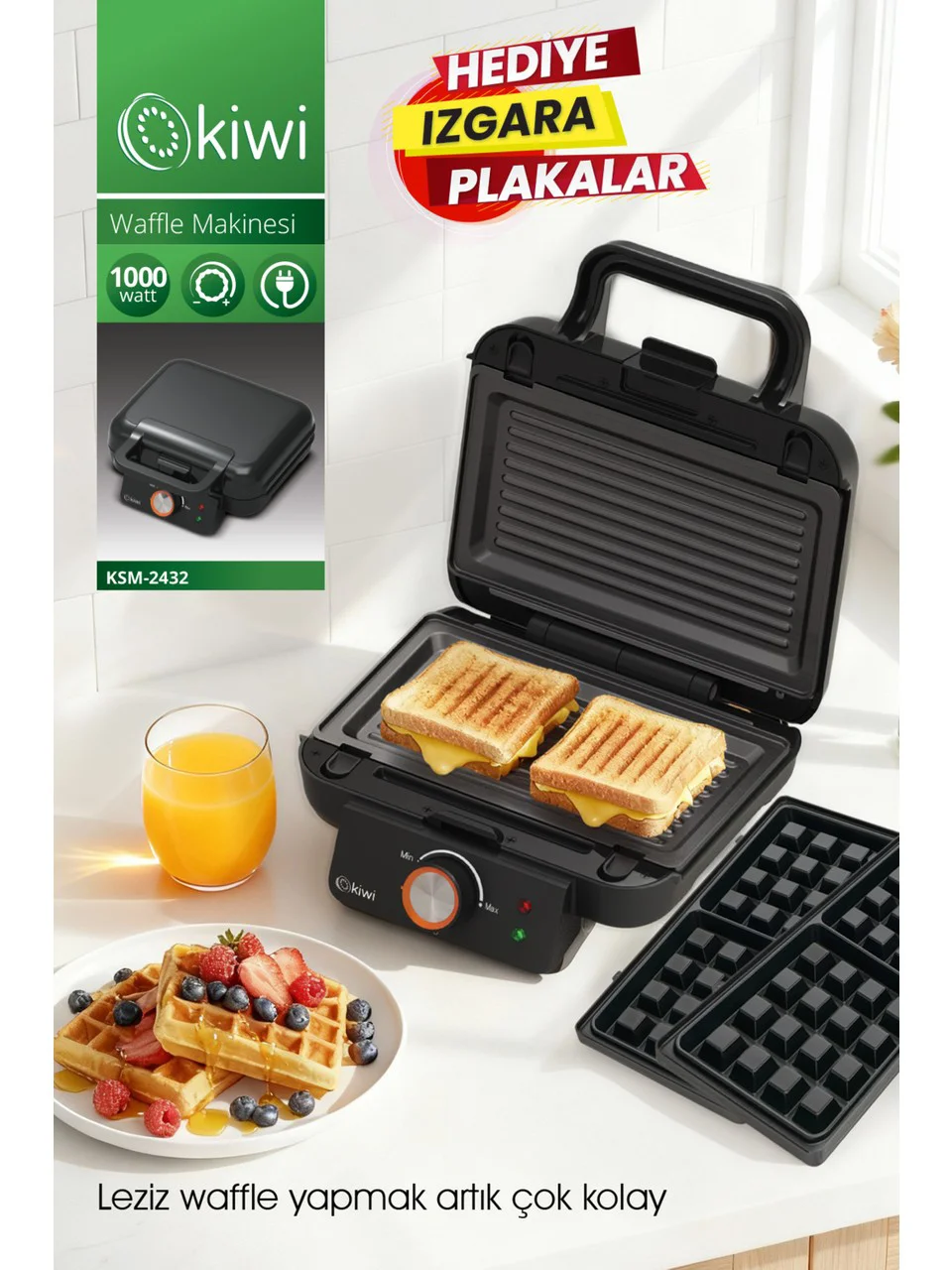 Kiwi KSM-2432 Çıkarılabilir Plakalı Waffle Makinesi - Tost Plakas