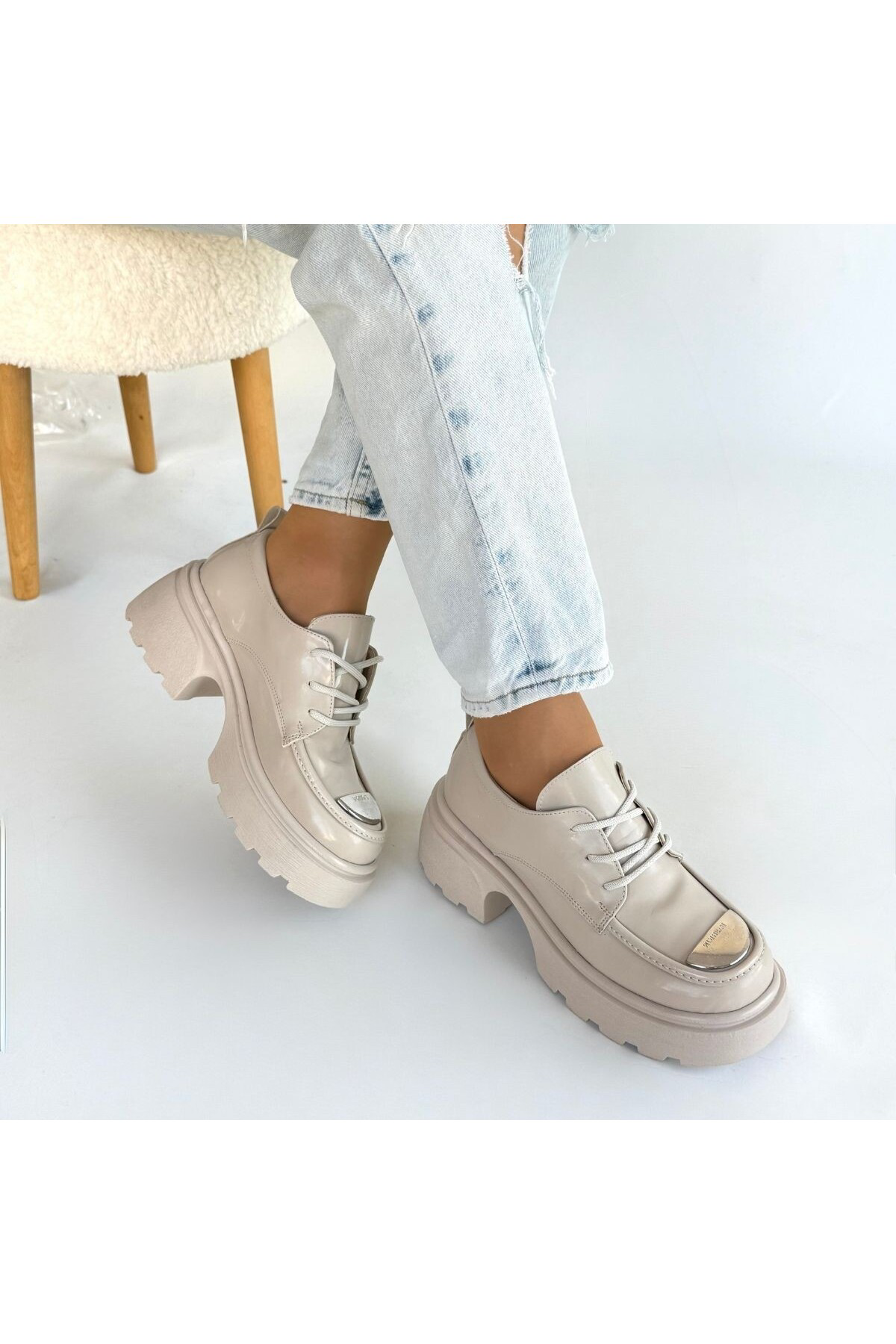 Erbilden Kiya Bej Rugan Dolgu Topuk Oxford Ayakkabi