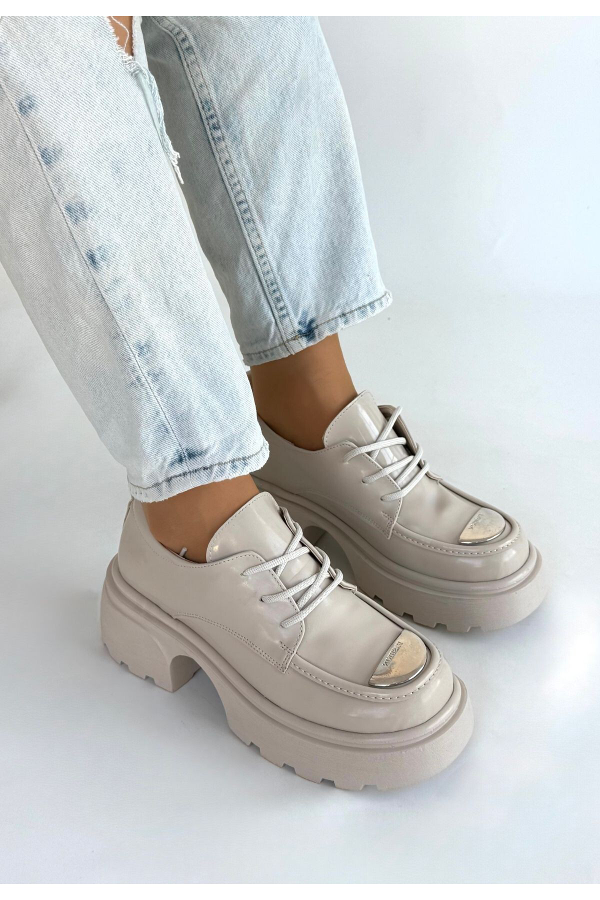 Erbilden Kiya Bej Rugan Dolgu Topuk Oxford Ayakkabi