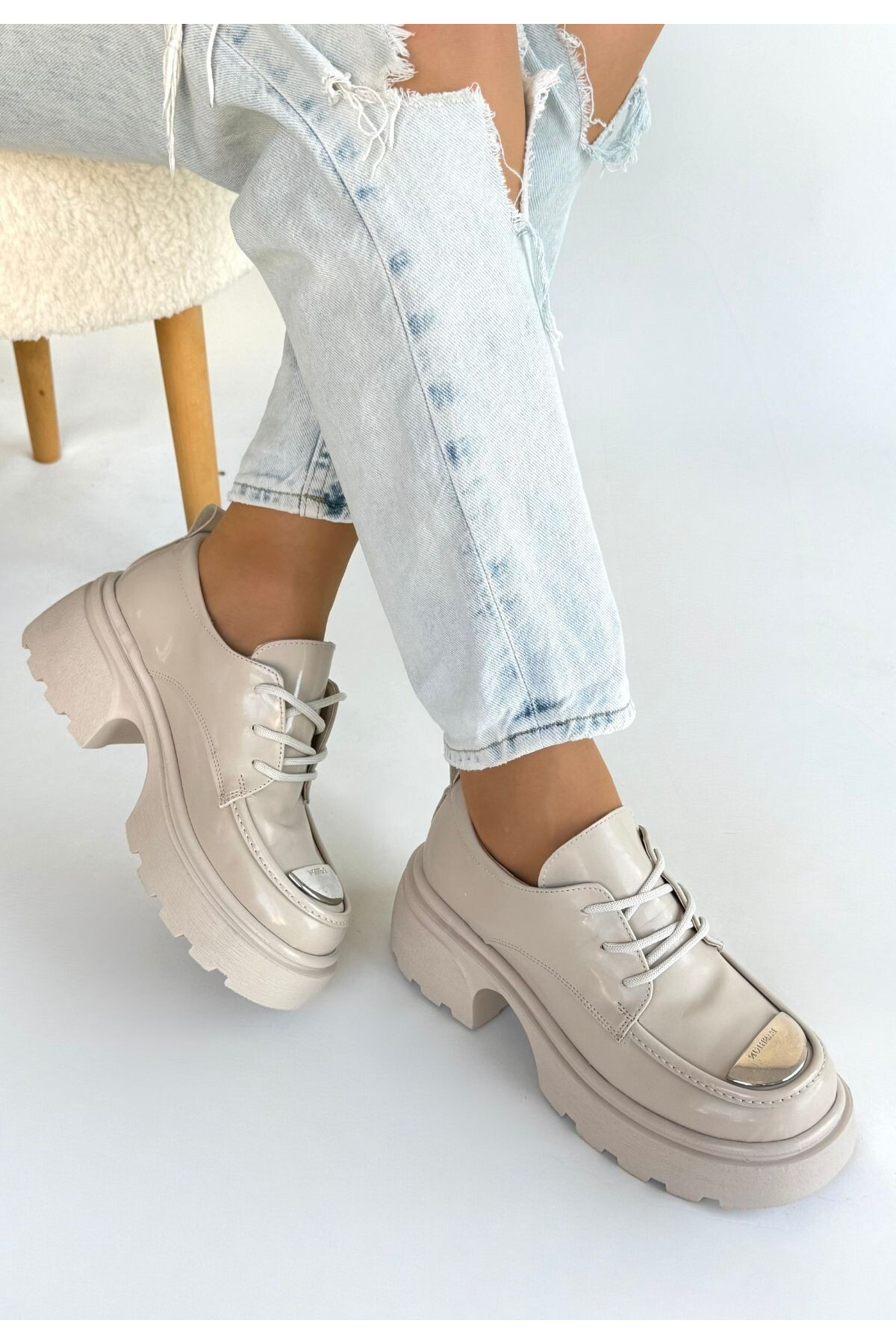 Erbilden Kiya Bej Rugan Dolgu Topuk Oxford Ayakkabi