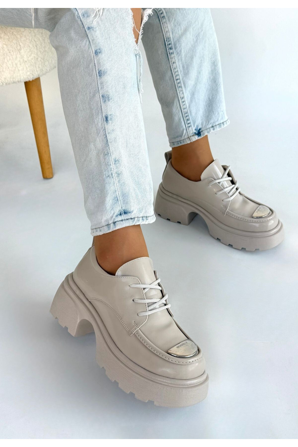 Erbilden Kiya Bej Rugan Dolgu Topuk Oxford Ayakkabi
