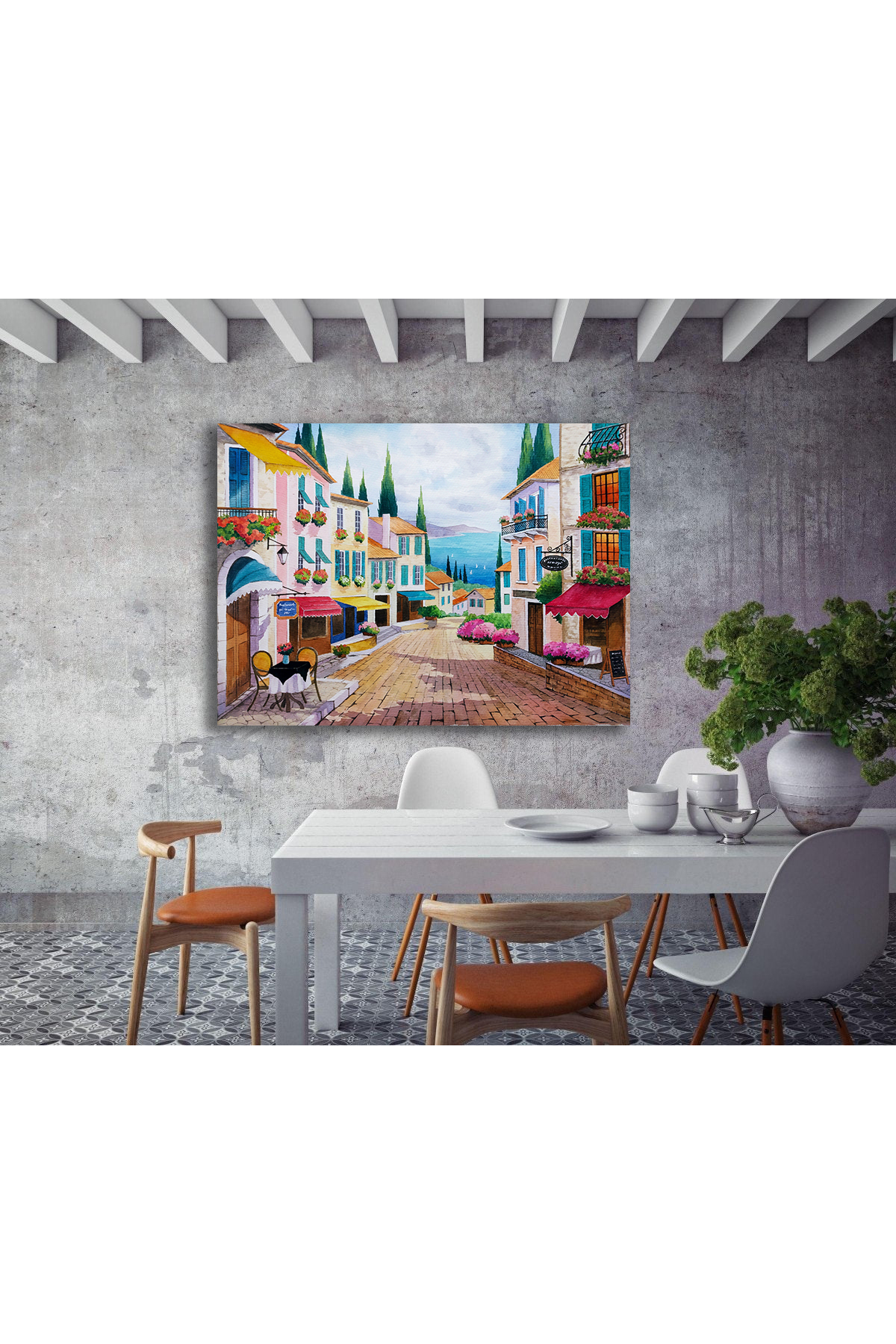 Korkmazkanvas Kıyıdaki Güzel Şehrin Elle Çizilmiş Resmi. Kanvas Tablo