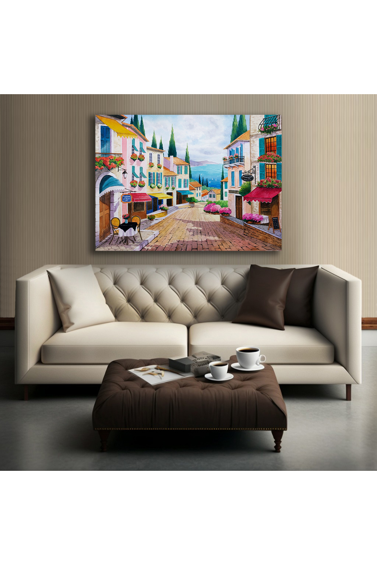 Korkmazkanvas Kıyıdaki Güzel Şehrin Elle Çizilmiş Resmi. Kanvas Tablo