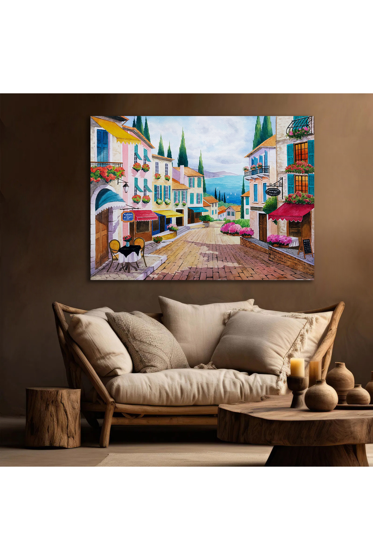 Korkmazkanvas Kıyıdaki Güzel Şehrin Elle Çizilmiş Resmi. Kanvas Tablo