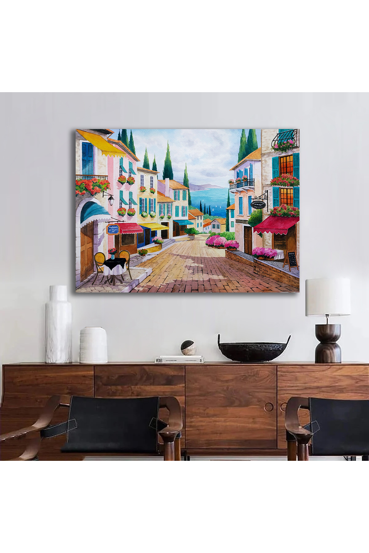 Korkmazkanvas Kıyıdaki Güzel Şehrin Elle Çizilmiş Resmi. Kanvas Tablo