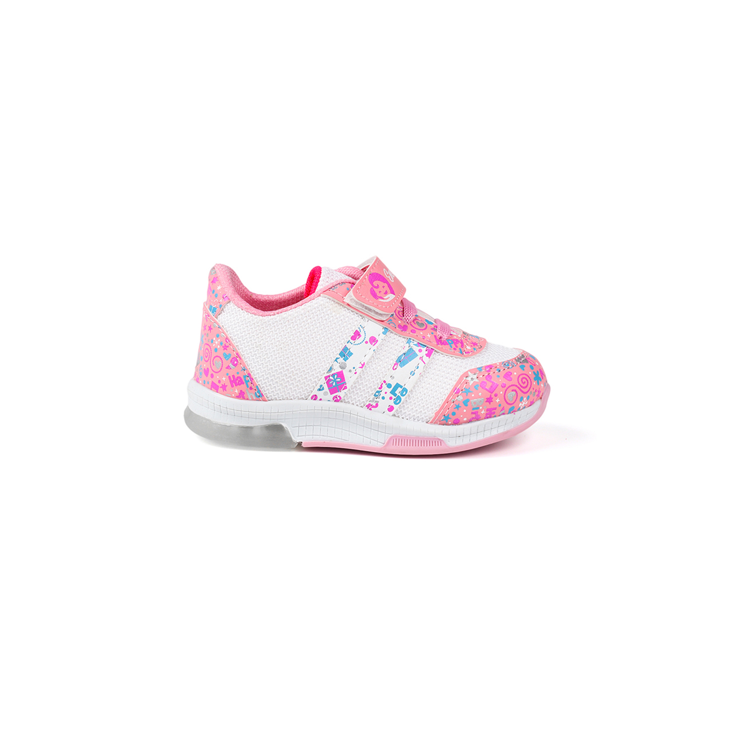 Kız Bebe Pembe Beyaz Desenli Işıklı Cırtlı Sneaker Günlük Spor Ay