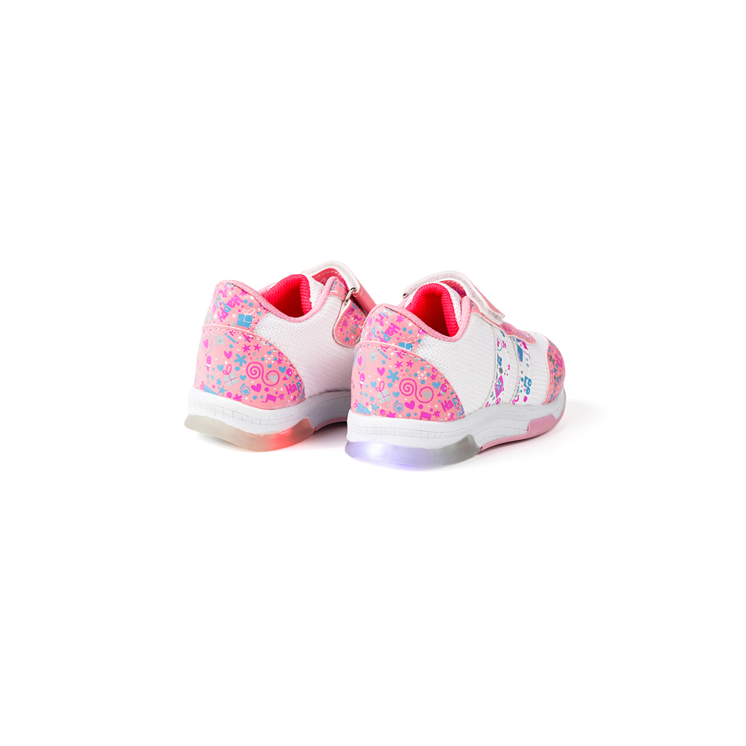 Kız Bebe Pembe Beyaz Desenli Işıklı Cırtlı Sneaker Günlük Spor Ay