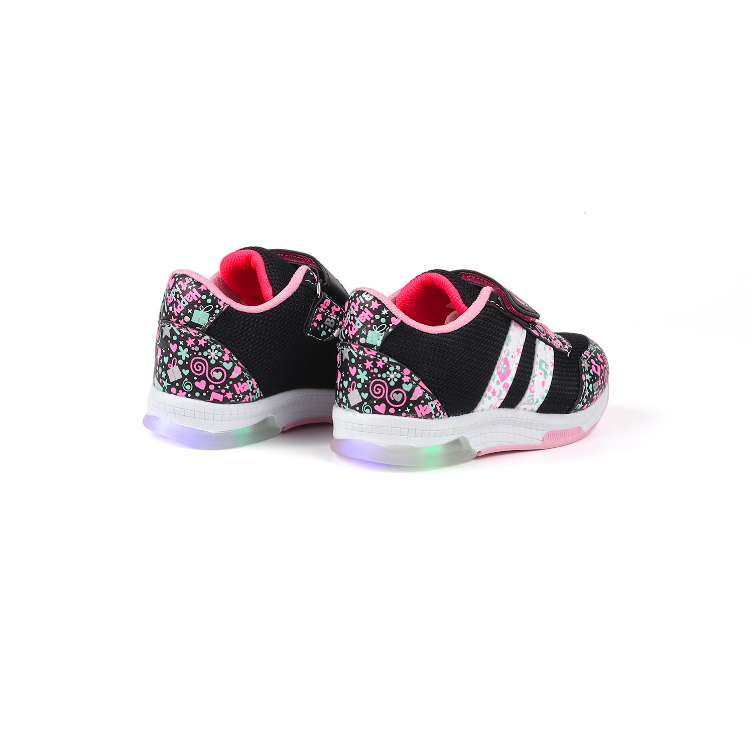 Kız Bebe Siyah Pembe Desenli Işıklı Cırtlı Sneaker Günlük Spor Ay