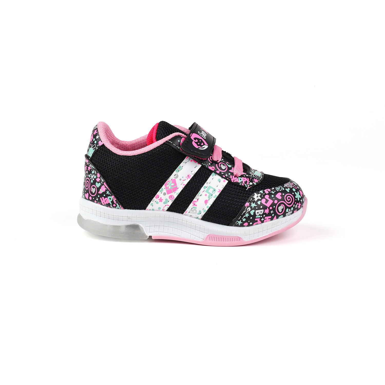 Kız Bebe Siyah Pembe Desenli Işıklı Cırtlı Sneaker Günlük Spor Ay