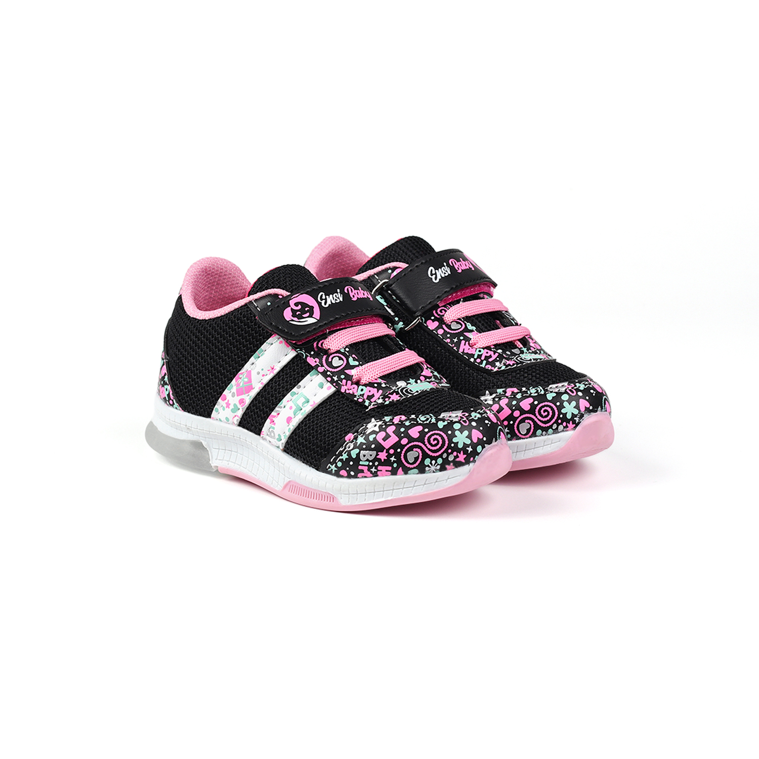 Kız Bebe Siyah Pembe Desenli Işıklı Cırtlı Sneaker Günlük Spor Ay