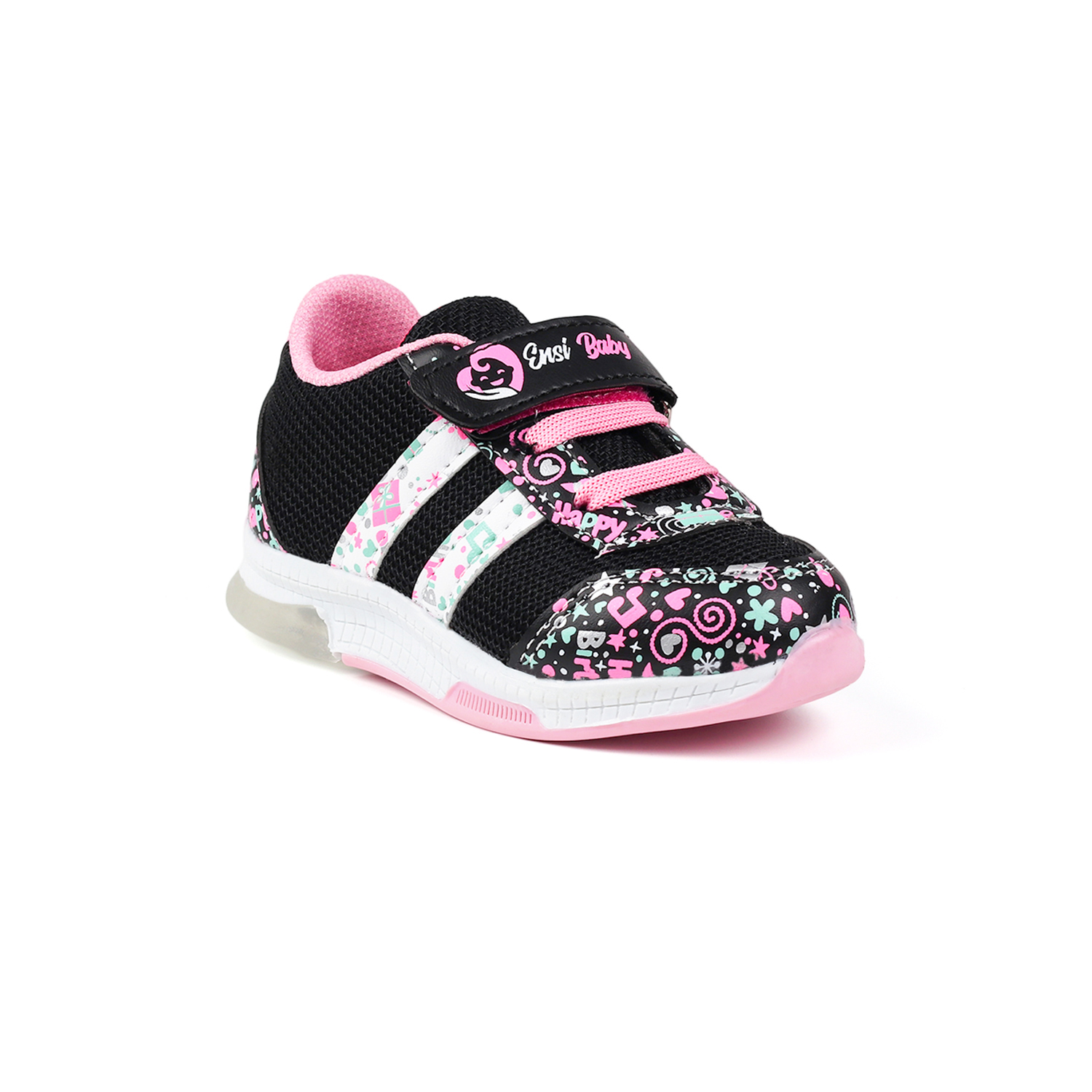 Kız Bebe Siyah Pembe Desenli Işıklı Cırtlı Sneaker Günlük Spor Ay