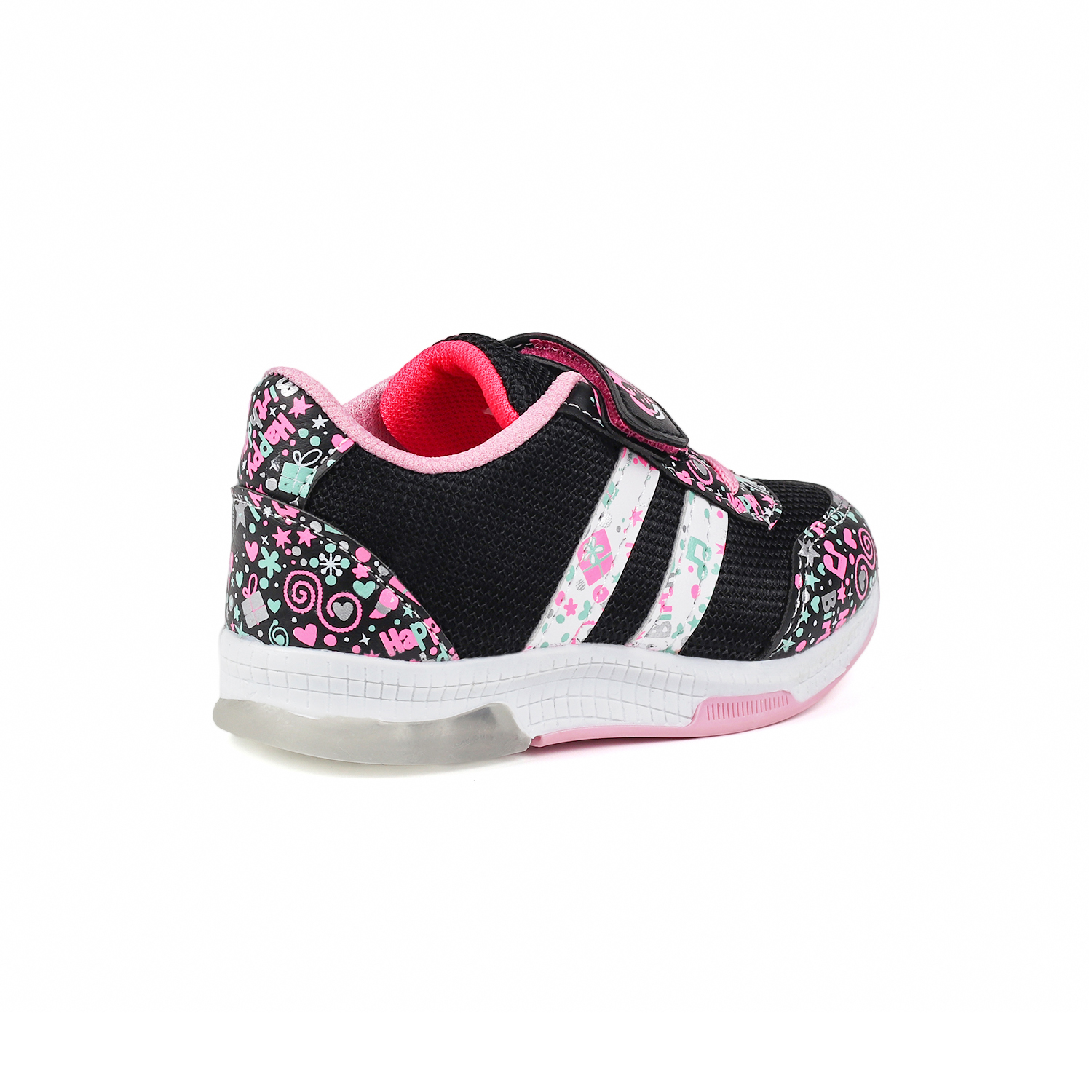 Kız Bebe Siyah Pembe Desenli Işıklı Cırtlı Sneaker Günlük Spor Ay