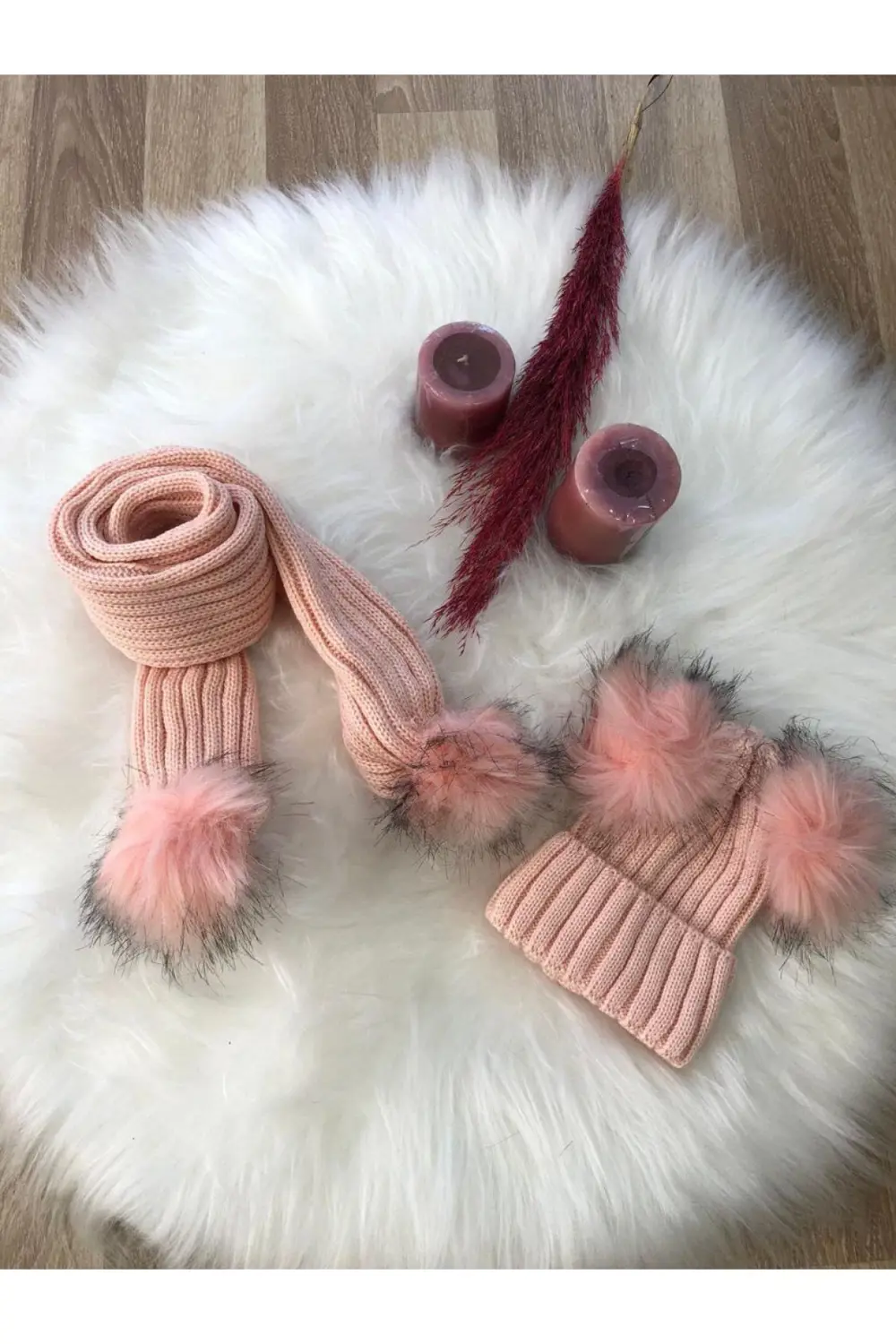 Kız Bebek Çift Ponponlu Atkı Bere Takımı 4/14 yaş