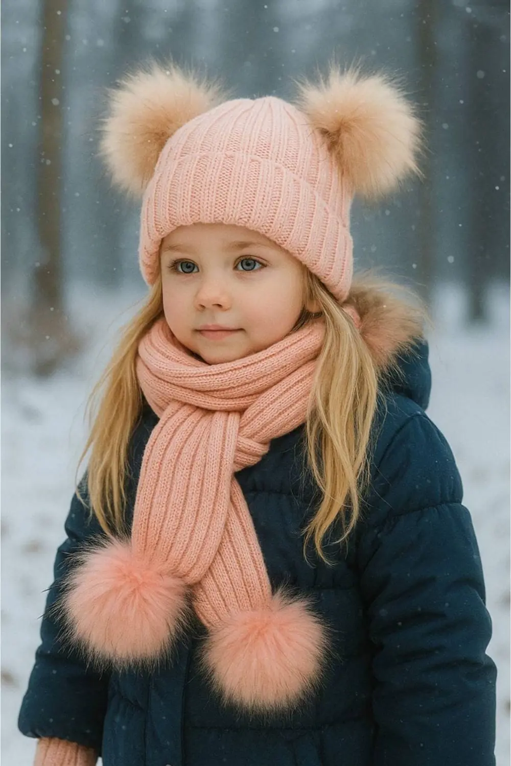 Kız Bebek Çift Ponponlu Atkı Bere Takımı 4/14 yaş