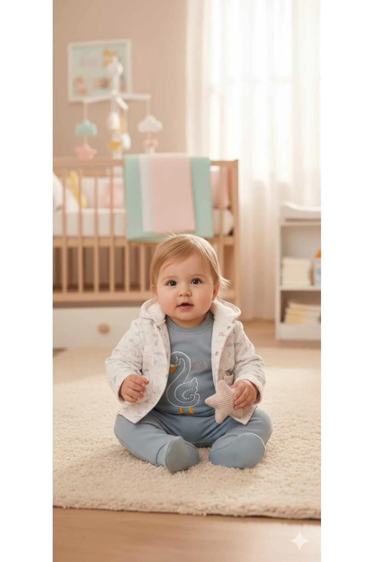 Kız Bebek Kapüşonlu Peluş Ceket ve Kuğu Nakışlı Tulum İkili Takım