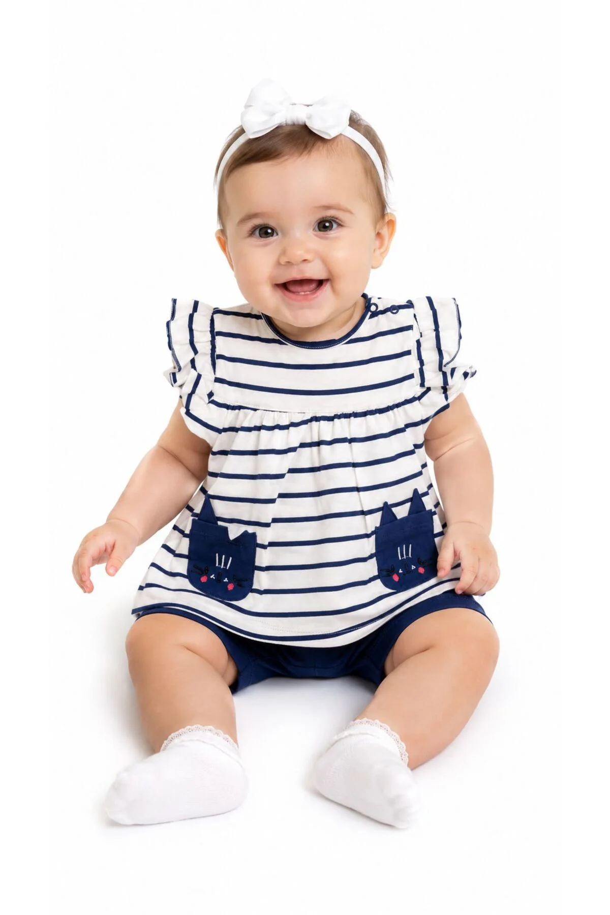 Kız Bebek Pamuklu Yazlık Çizgili Kedi Cepli Şortlu Takım – 6-24 A