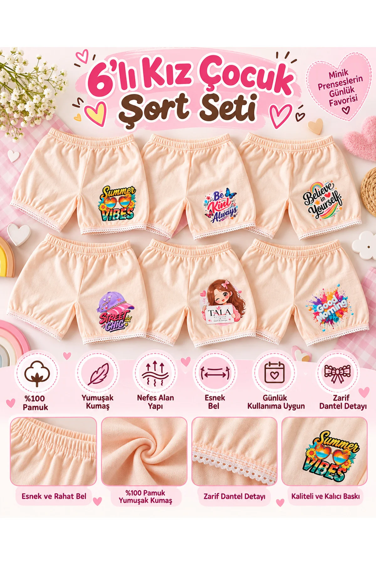 Kız Çocuk %100 Pamuk Baskılı Boxer Şort 6'lı Paket Likralı Dantel Detaylı - Görsel 5