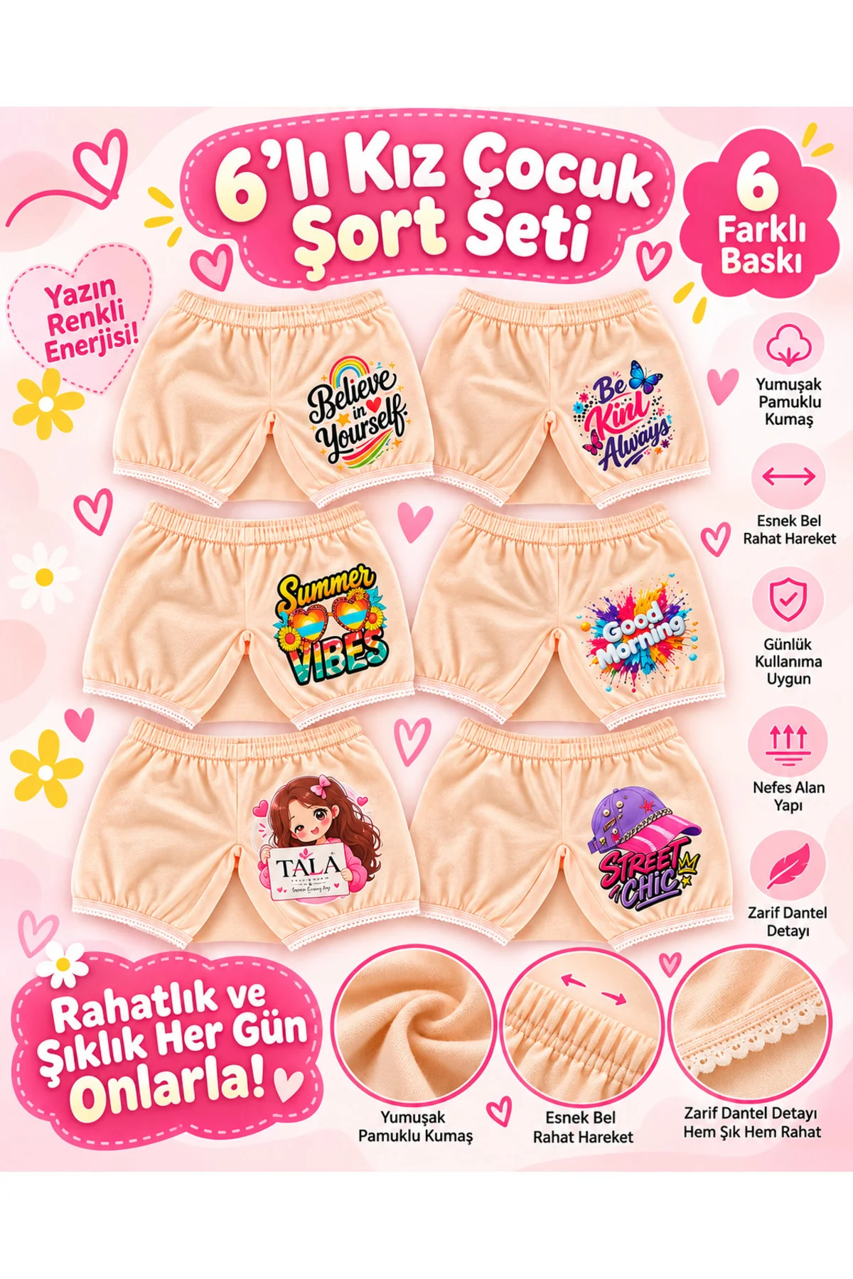 Kız Çocuk %100 Pamuk Baskılı Boxer Şort 6'lı Paket Likralı Dantel Detaylı - Görsel 3
