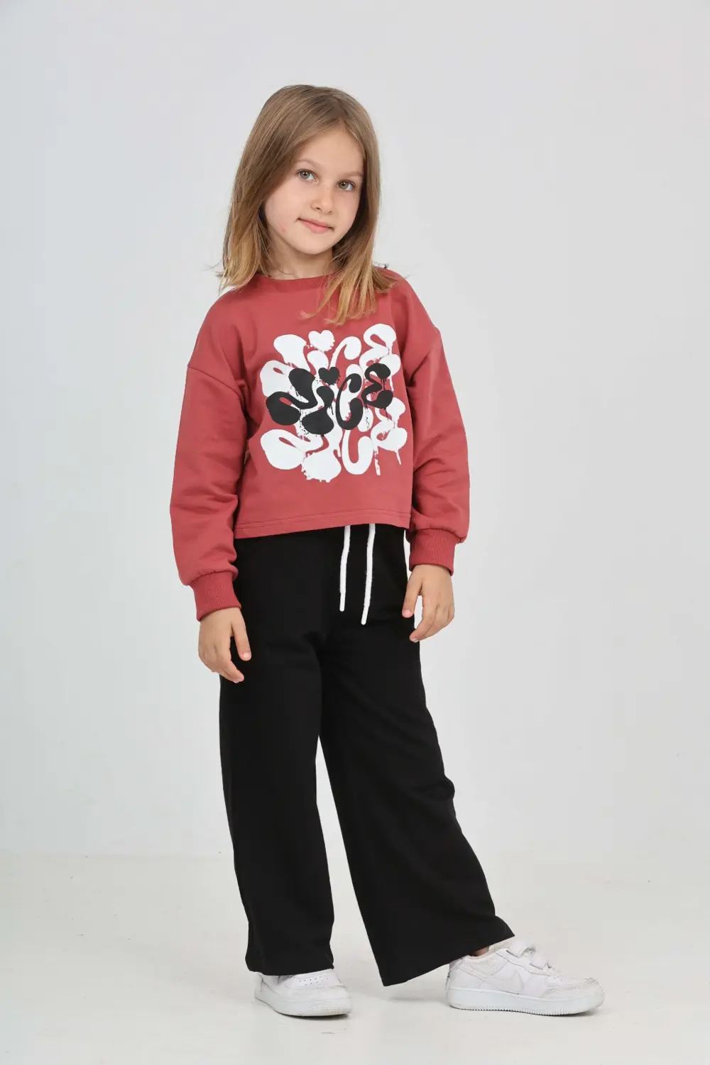 Kız Çocuk 2'li Takım Baskılı Bisiklet Yaka Sweatshirt & Beli Last