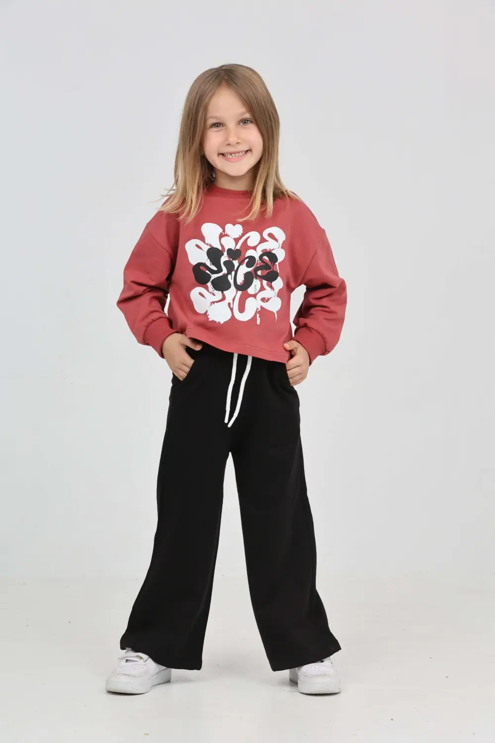 Kız Çocuk 2'li Takım Baskılı Bisiklet Yaka Sweatshirt & Beli Last