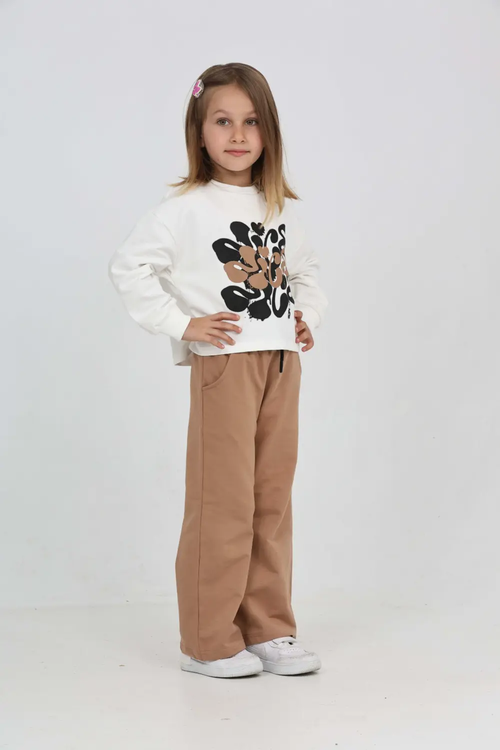 Kız Çocuk 2'li Takım Baskılı Bisiklet Yaka Sweatshirt & Beli Last