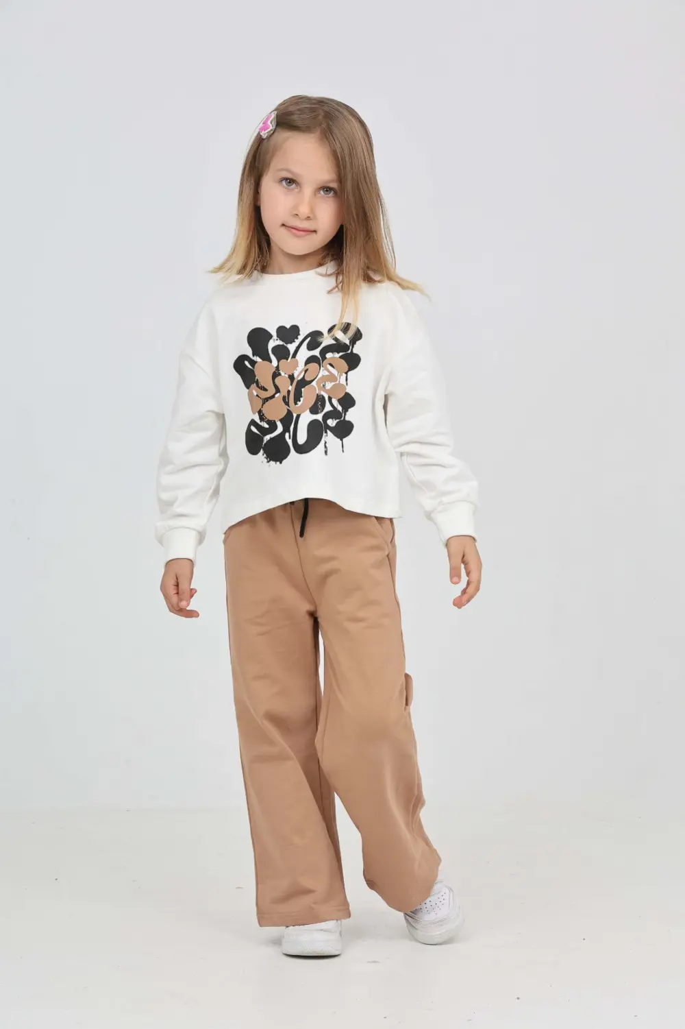 Kız Çocuk 2'li Takım Baskılı Bisiklet Yaka Sweatshirt & Beli Last