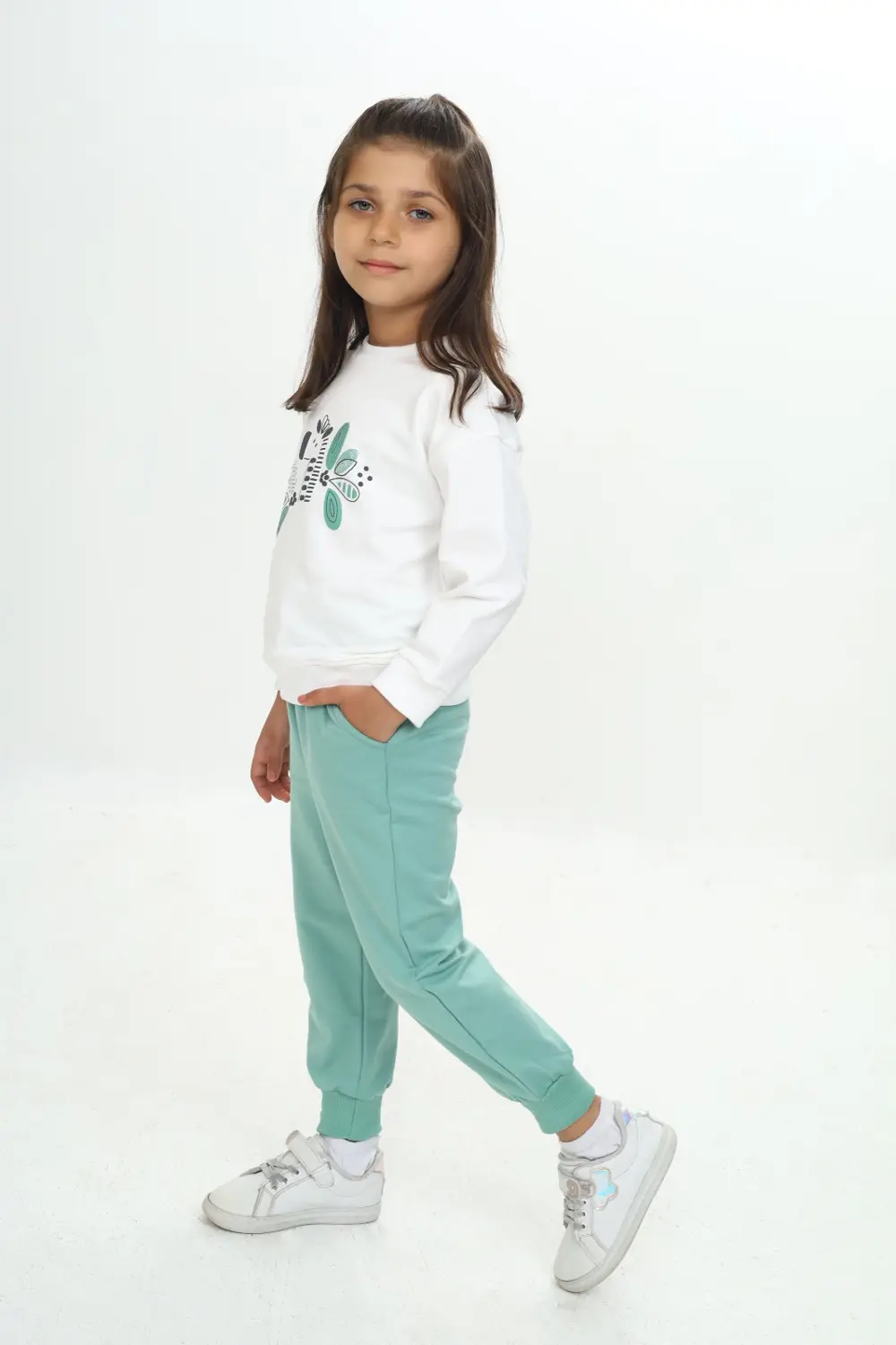 Kız Çocuk 2'li Takım Baskılı Bisiklet Yaka Sweatshirt & Beli Paça