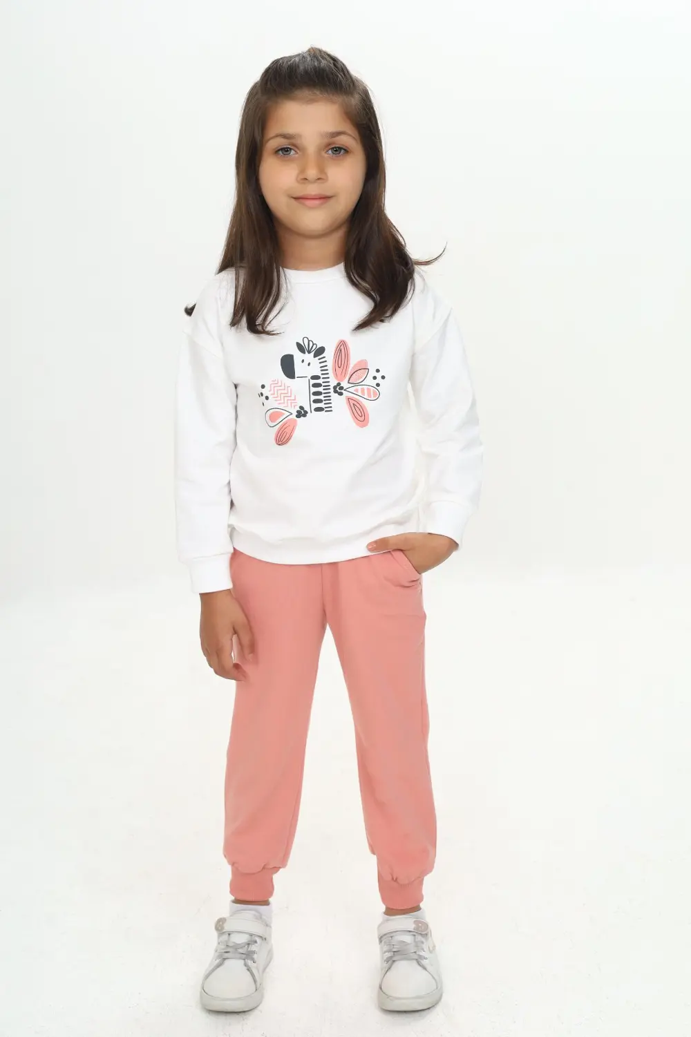Kız Çocuk 2'li Takım Baskılı Bisiklet Yaka Sweatshirt & Beli Paça