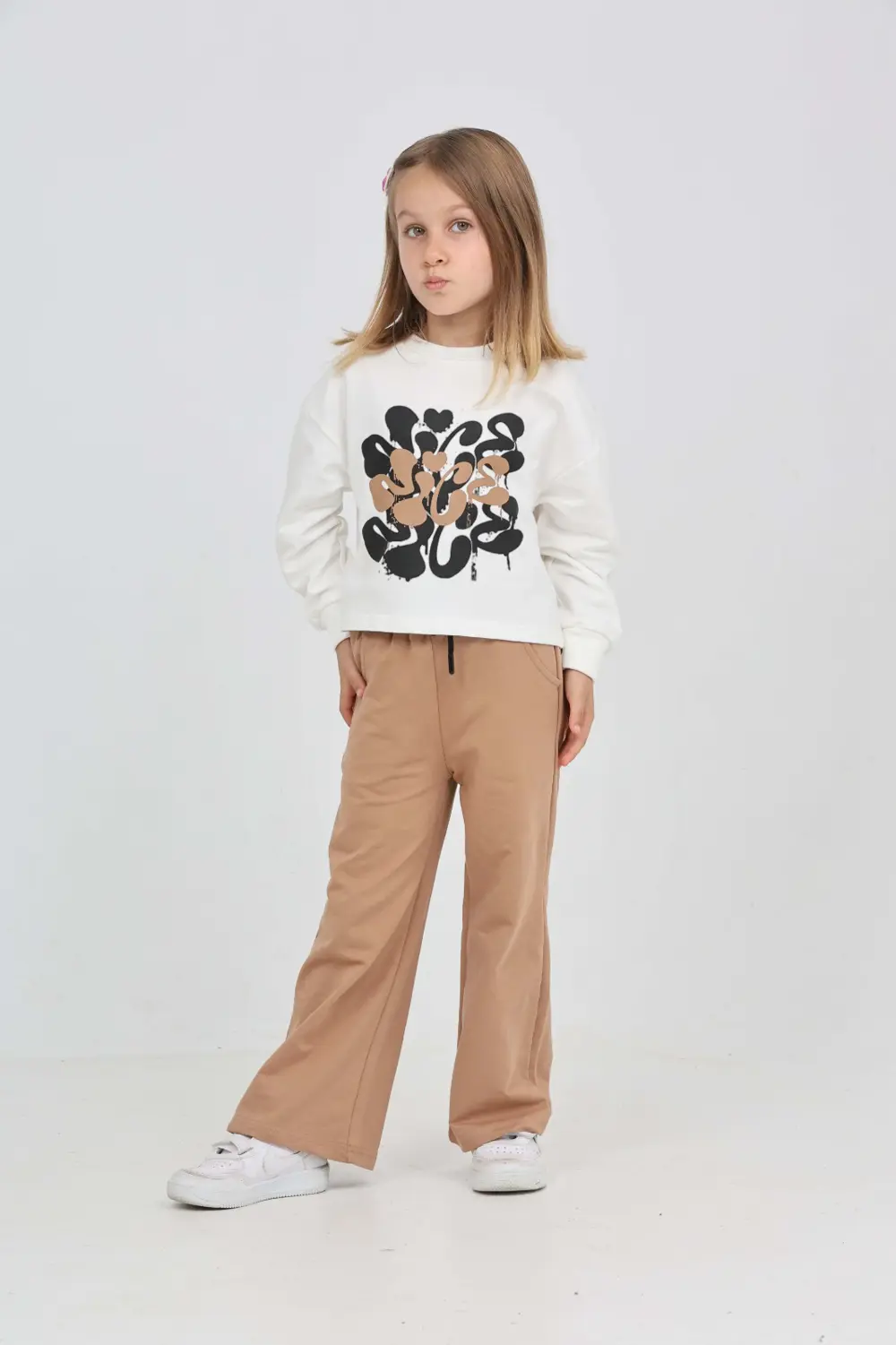 Kız Çocuk 2'li Takım Baskılı Bisiklet Yaka Sweatshirt & Beli Last