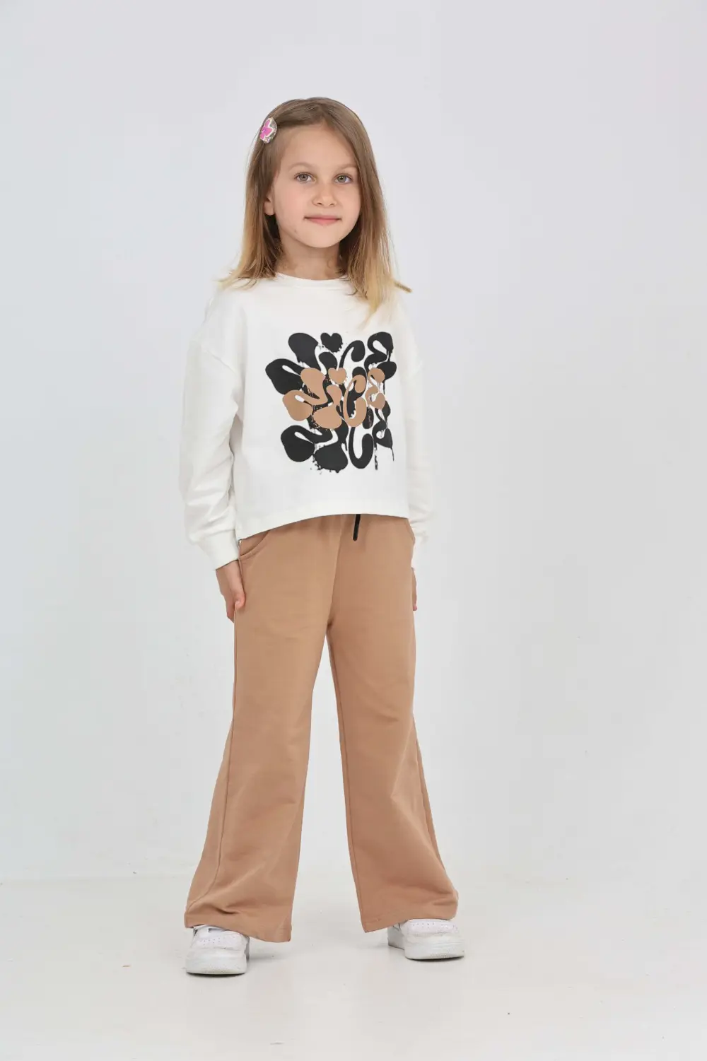 Kız Çocuk 2'li Takım Baskılı Bisiklet Yaka Sweatshirt & Beli Last