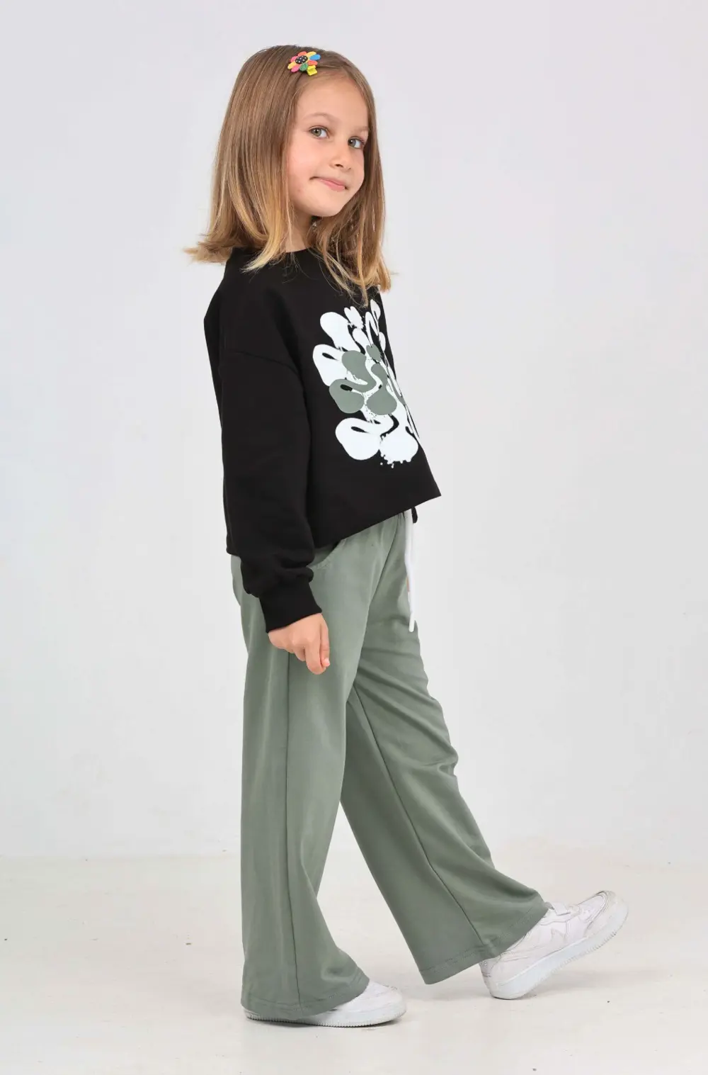 Kız Çocuk 2'li Takım Baskılı Bisiklet Yaka Sweatshirt & Beli Last