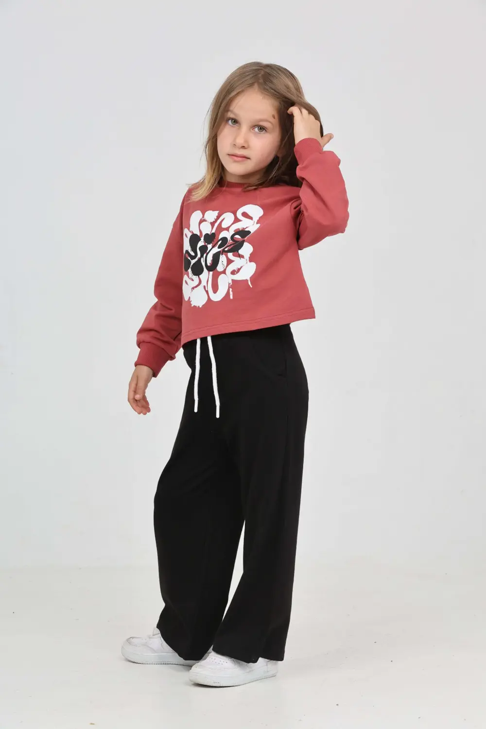 Kız Çocuk 2'li Takım Baskılı Bisiklet Yaka Sweatshirt & Beli Last