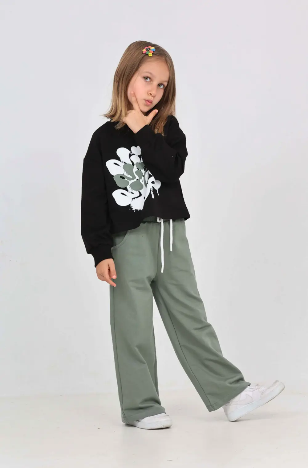 Kız Çocuk 2'li Takım Baskılı Bisiklet Yaka Sweatshirt & Beli Last