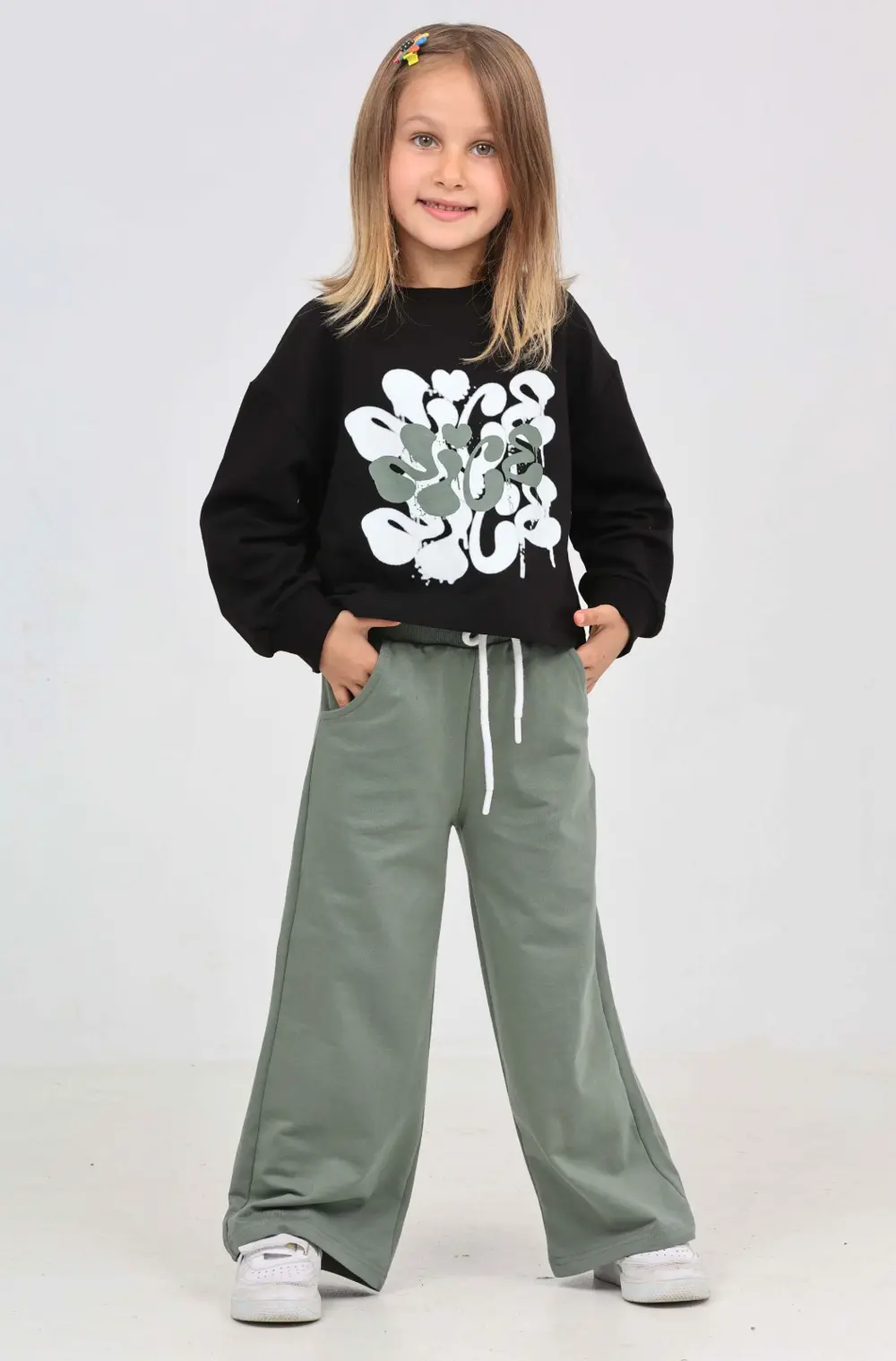 Kız Çocuk 2'li Takım Baskılı Bisiklet Yaka Sweatshirt & Beli Last