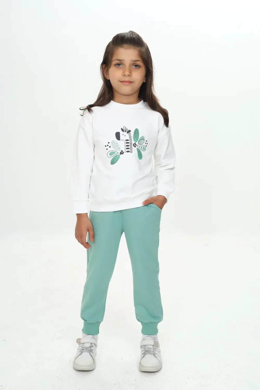 Kız Çocuk 2'li Takım Baskılı Bisiklet Yaka Sweatshirt & Beli Paça