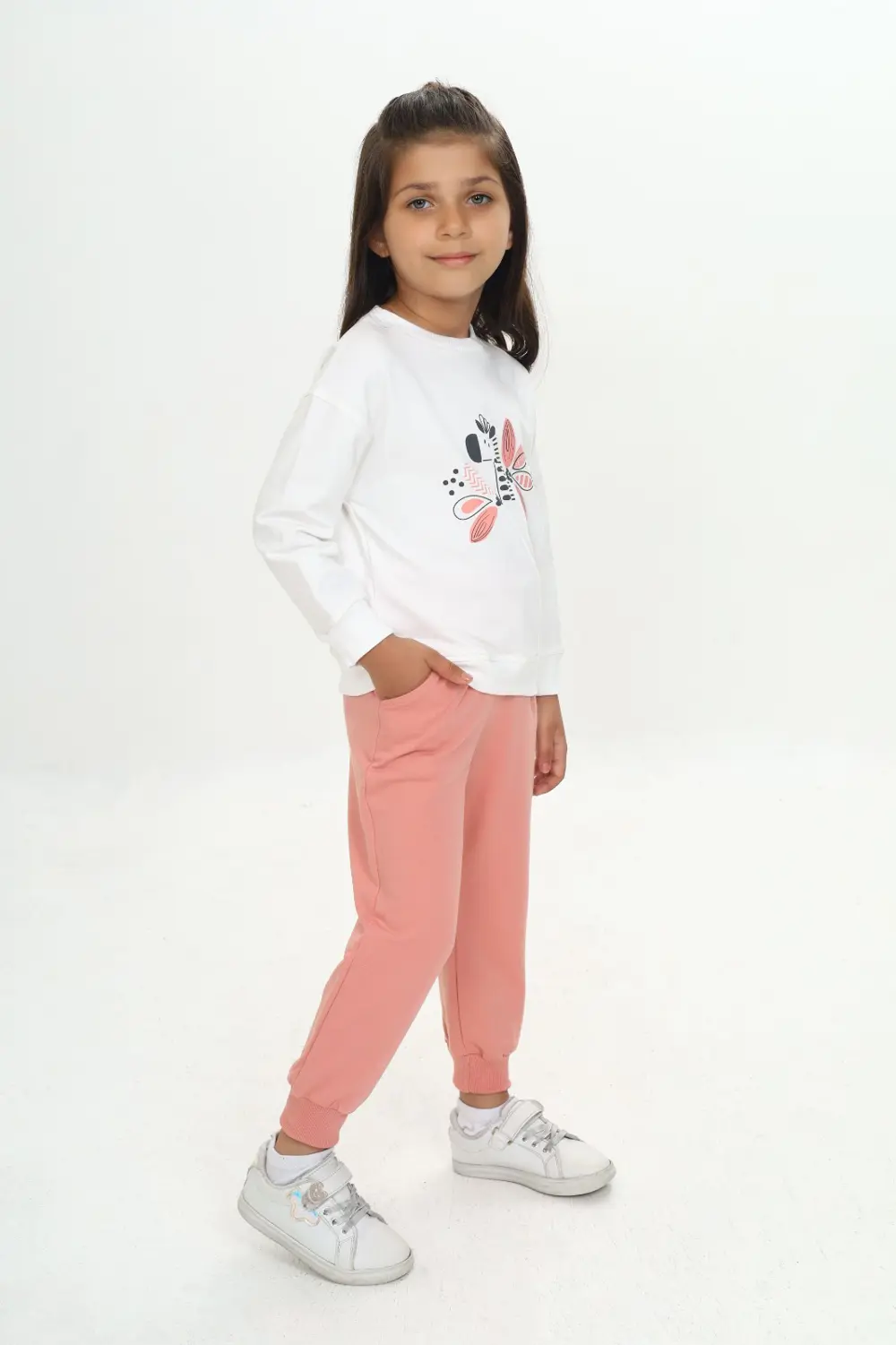 Kız Çocuk 2'li Takım Baskılı Bisiklet Yaka Sweatshirt & Beli Paça