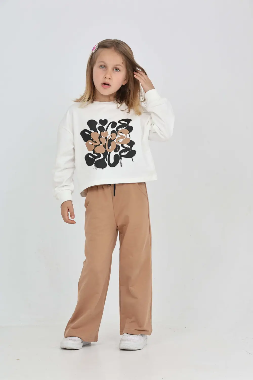 Kız Çocuk 2'li Takım Baskılı Bisiklet Yaka Sweatshirt & Beli Last