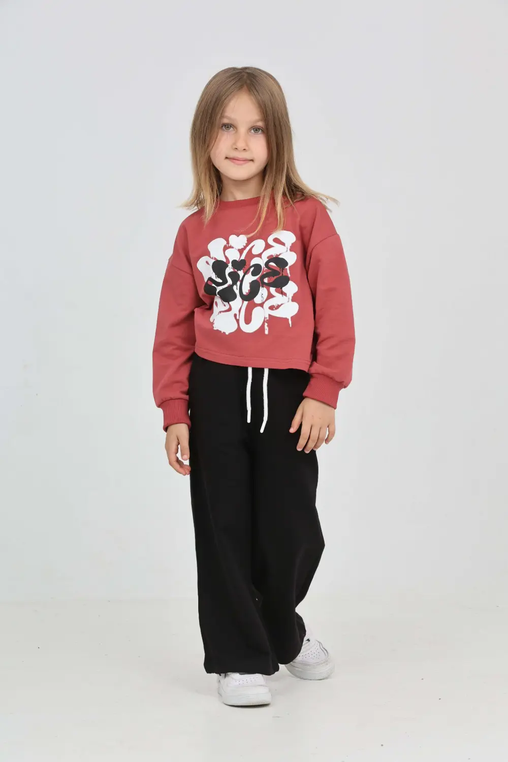 Kız Çocuk 2'li Takım Baskılı Bisiklet Yaka Sweatshirt & Beli Last