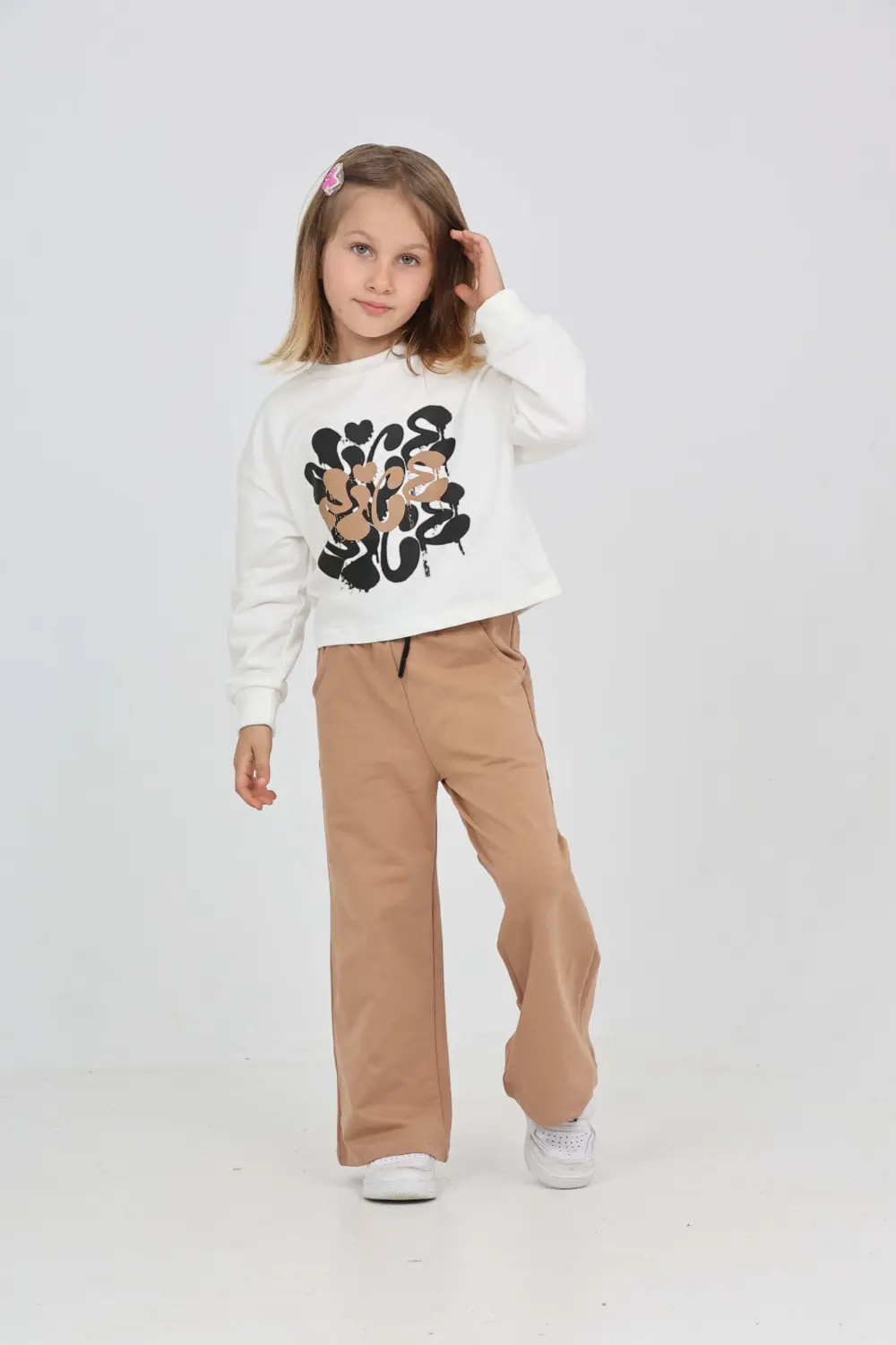 Kız Çocuk 2'li Takım Baskılı Bisiklet Yaka Sweatshirt & Beli Last