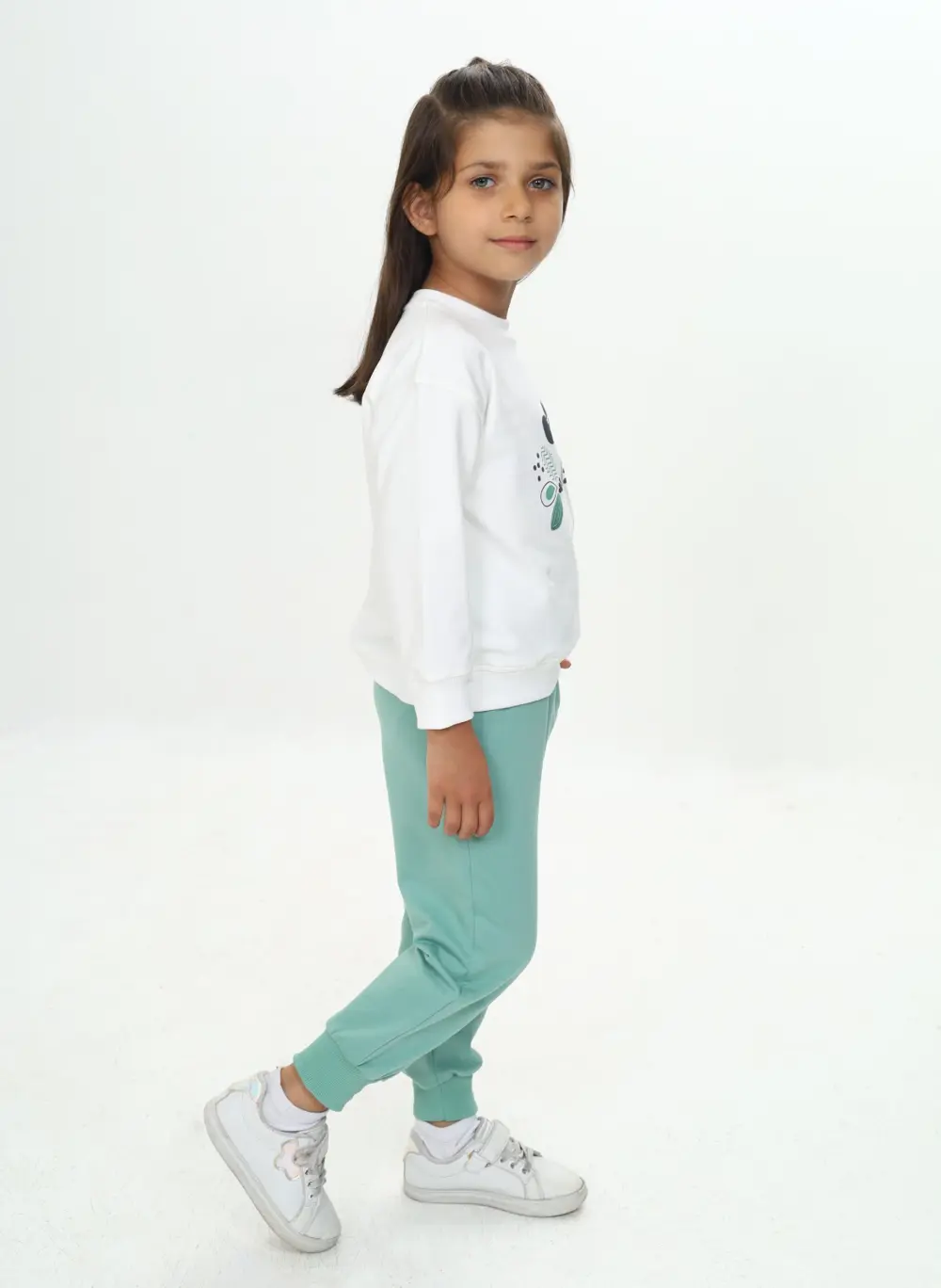 Kız Çocuk 2'li Takım Baskılı Bisiklet Yaka Sweatshirt & Beli Paça
