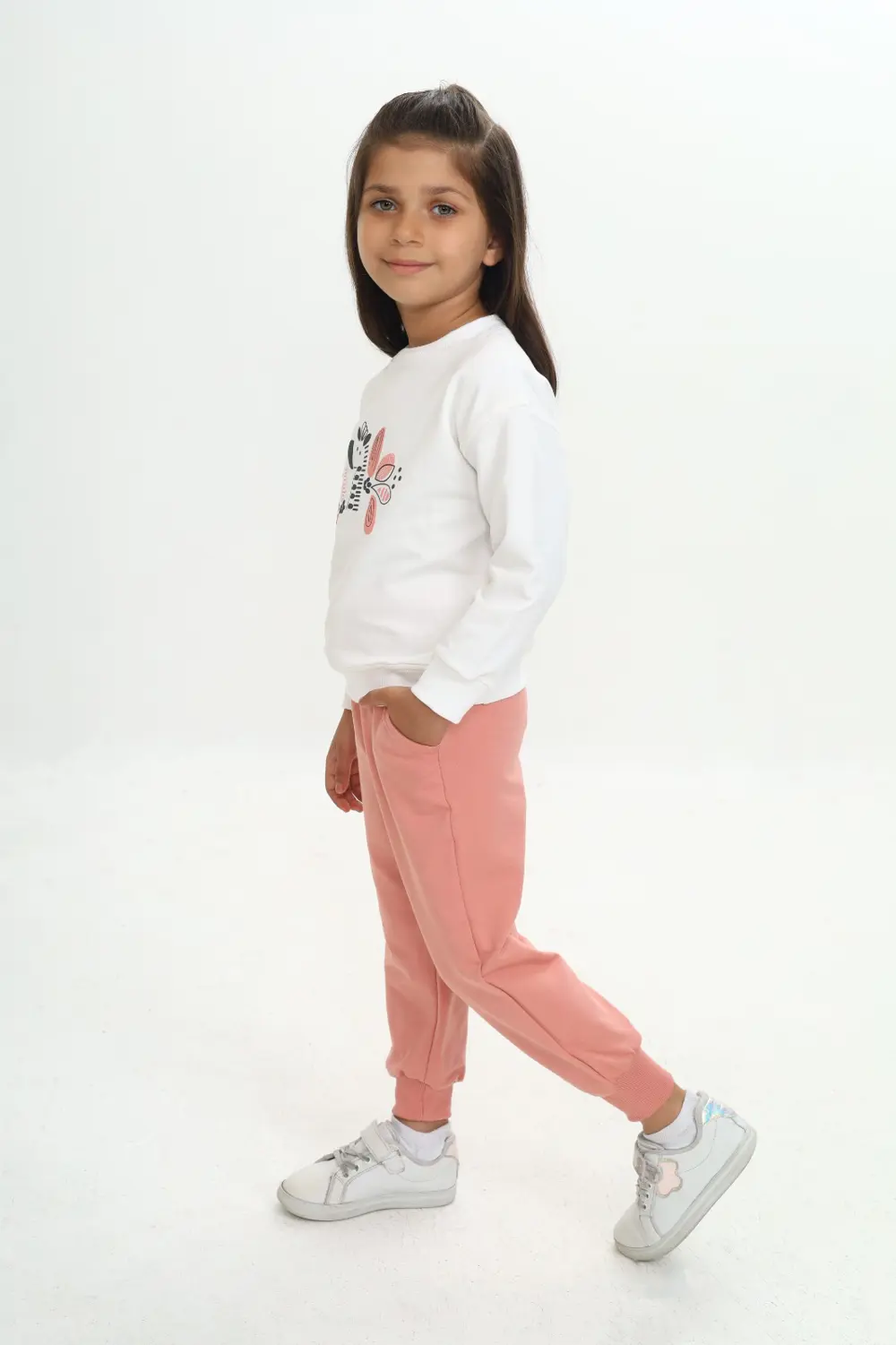 Kız Çocuk 2'li Takım Baskılı Bisiklet Yaka Sweatshirt & Beli Paça