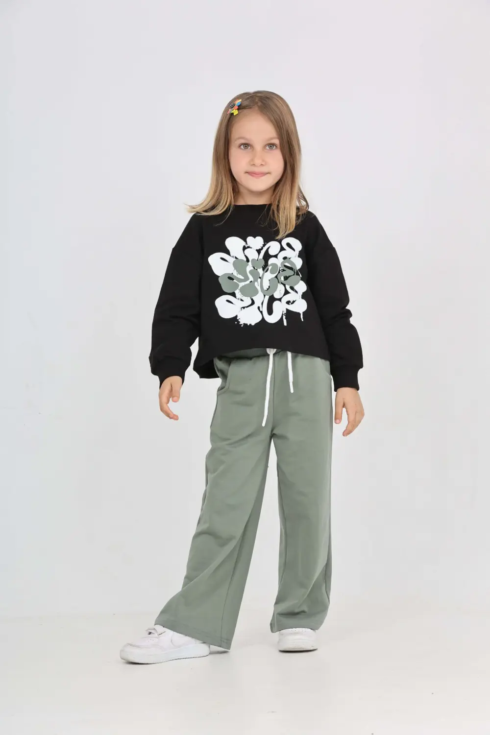 Kız Çocuk 2'li Takım Baskılı Bisiklet Yaka Sweatshirt & Beli Last