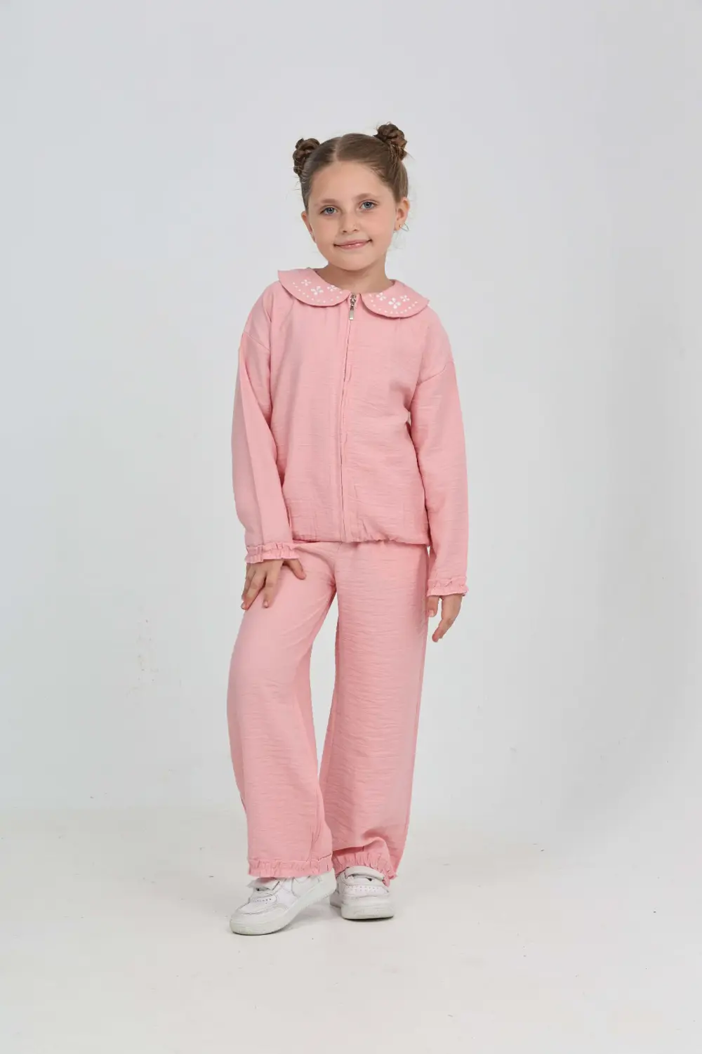 Kız Çocuk 2'li Takım Baskılı Kapüşonlu Fermuarlı Cepli Sweatshirt